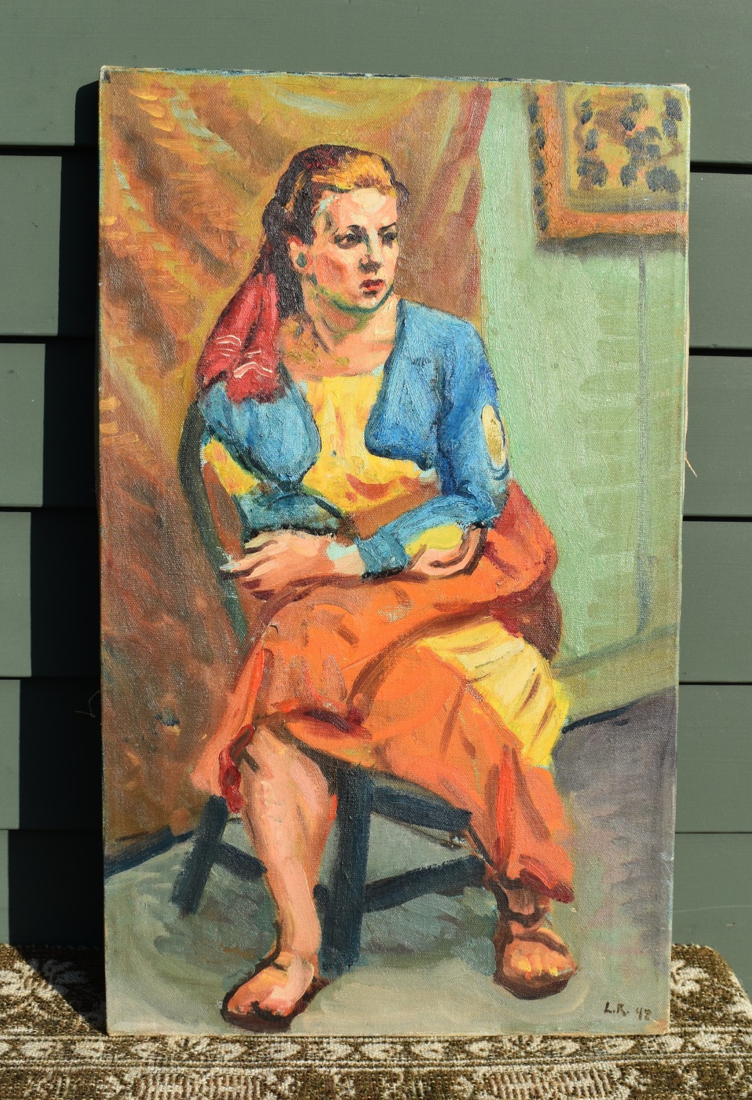 NY City Oil Signed L.R. – Studio Portrait – Figure of a Vibrant Woman 1948