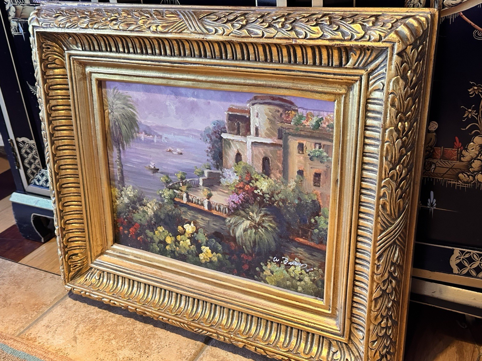 MEDITERRANEAN SEACAPE OIL PAINTING ART SIGNED GOLD WOOD FRAME 24″ * 20″ EUC