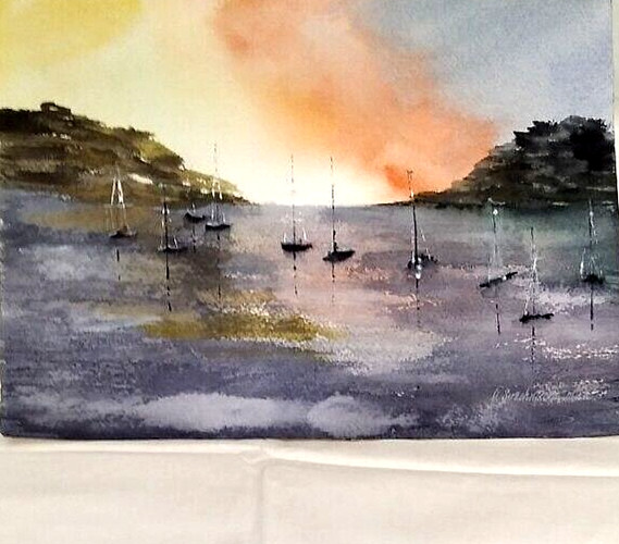 paintinwatercolor seascape quiet harbor sea sailboats beautiful sky sunrisegift