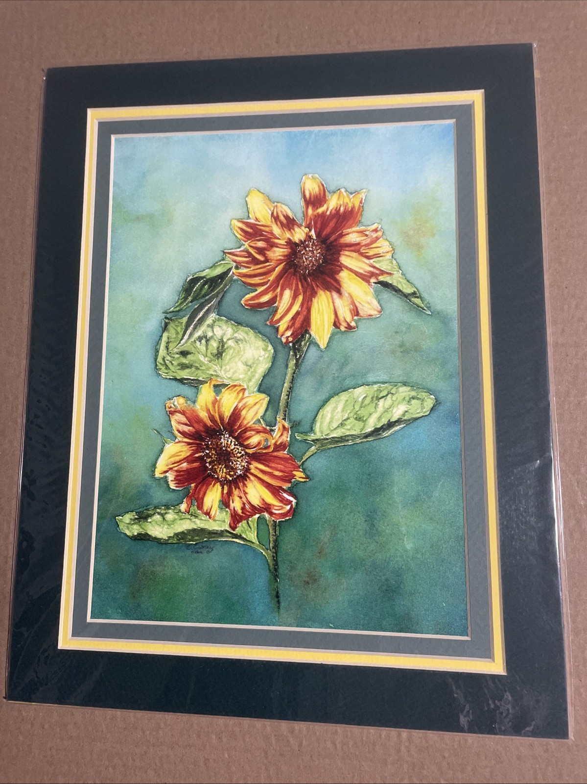 Original Watercolor Painting By Cindy Coakley Golden Sunflower 14×11 Matting fs
