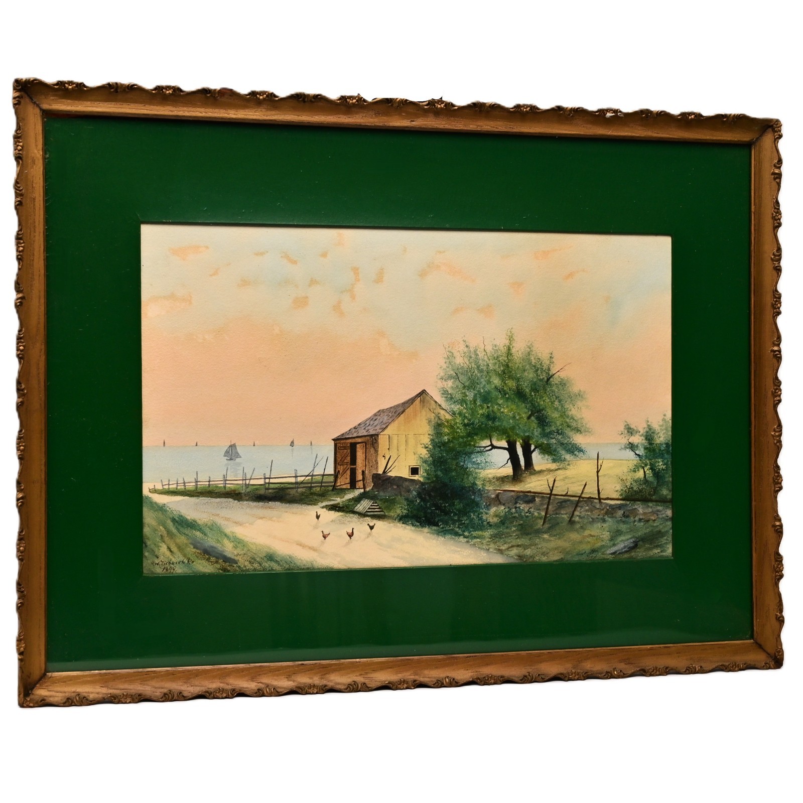 TSCHUSCHKE Original Vintage Signed 19thC House Barn Seascape Watercolor Painting