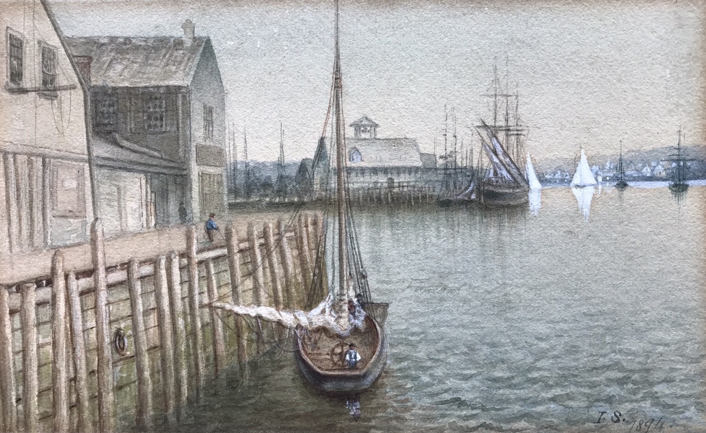 1894 New England Coastal Harbor Fishing Port Painting Boston Massachusetts Label