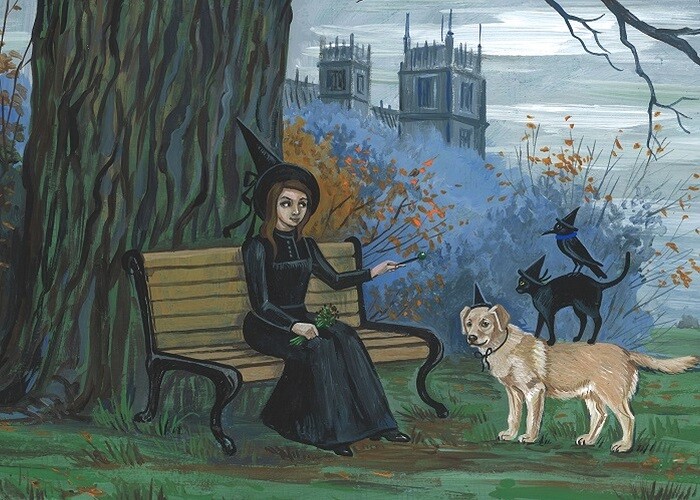 5×7 PRINT OF PAINTING RYTA HIGHCLERE WITCH HALLOWEEN LABRADOR Black Cat 🐈‍⬛ Art