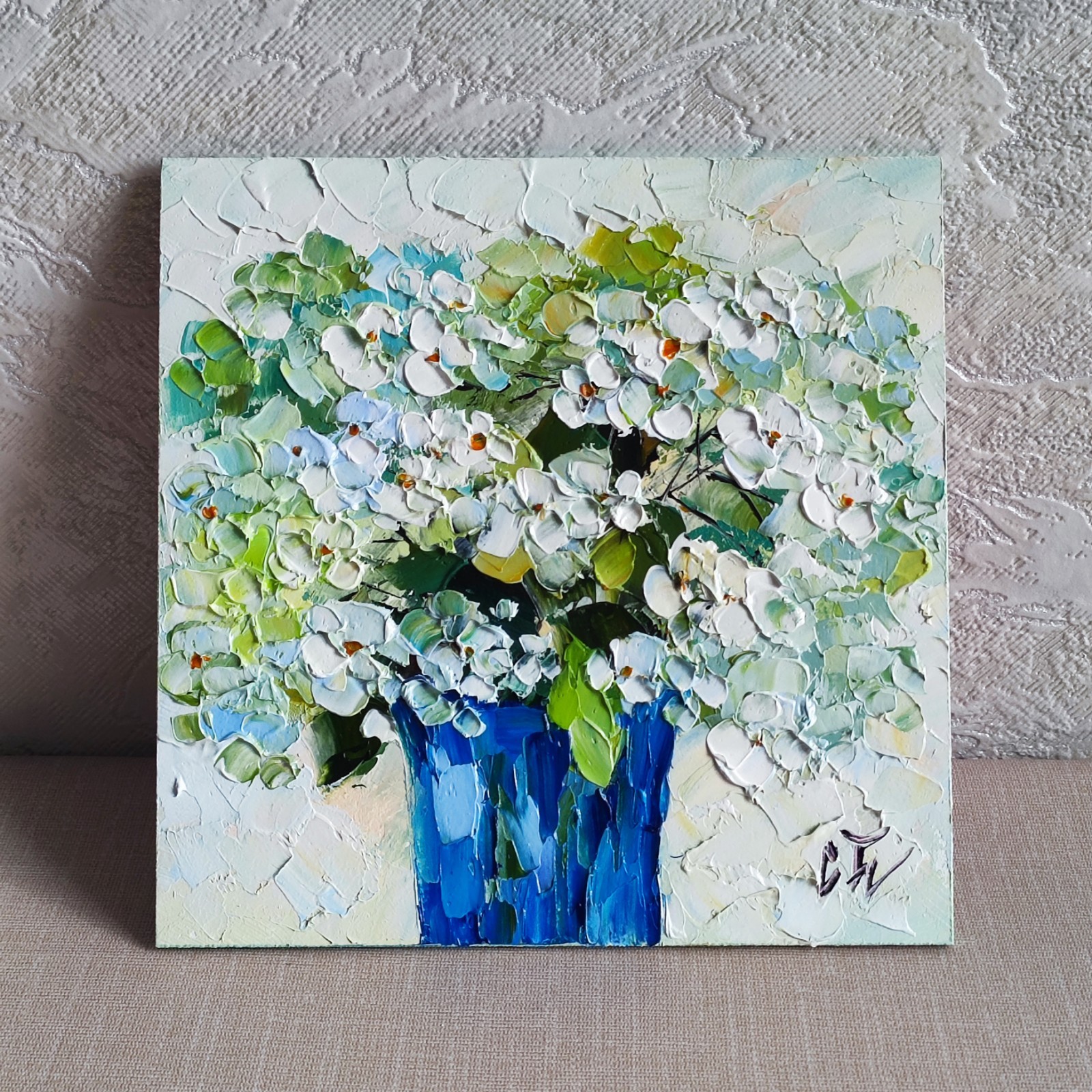original oil painting Hydrangea white flowers artwork Floral wall art 6*6 in
