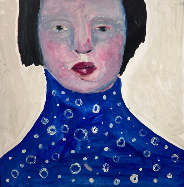 Blue Portrait Painting 8×8 Expressive Woman Naive Outsider Art