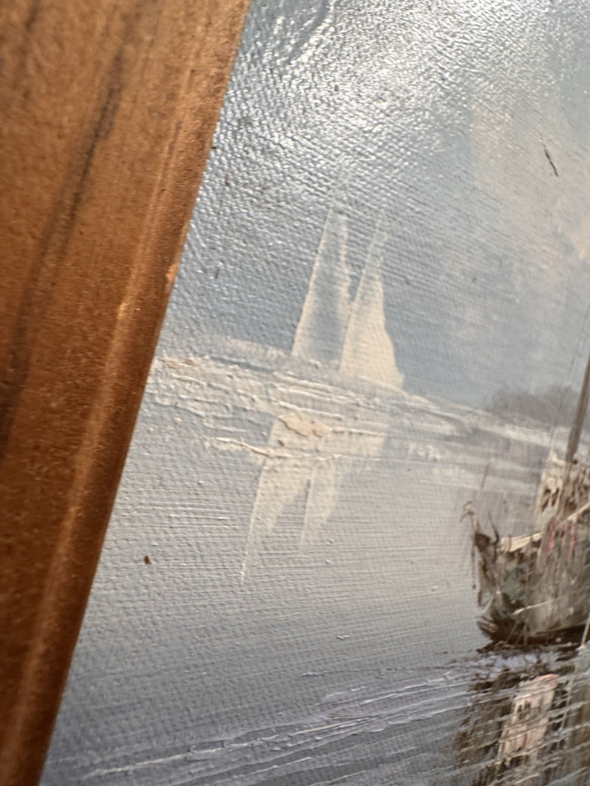 Signed LUNI Original Nautical Boats in Harbor Oil on WOOD Board Framed 12”x10.5”