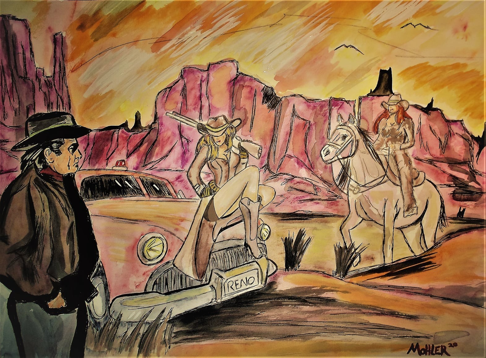 outsider art Johnny Cash ‘Wanted Man’ 18×24 watercolor on hard paper Mohler