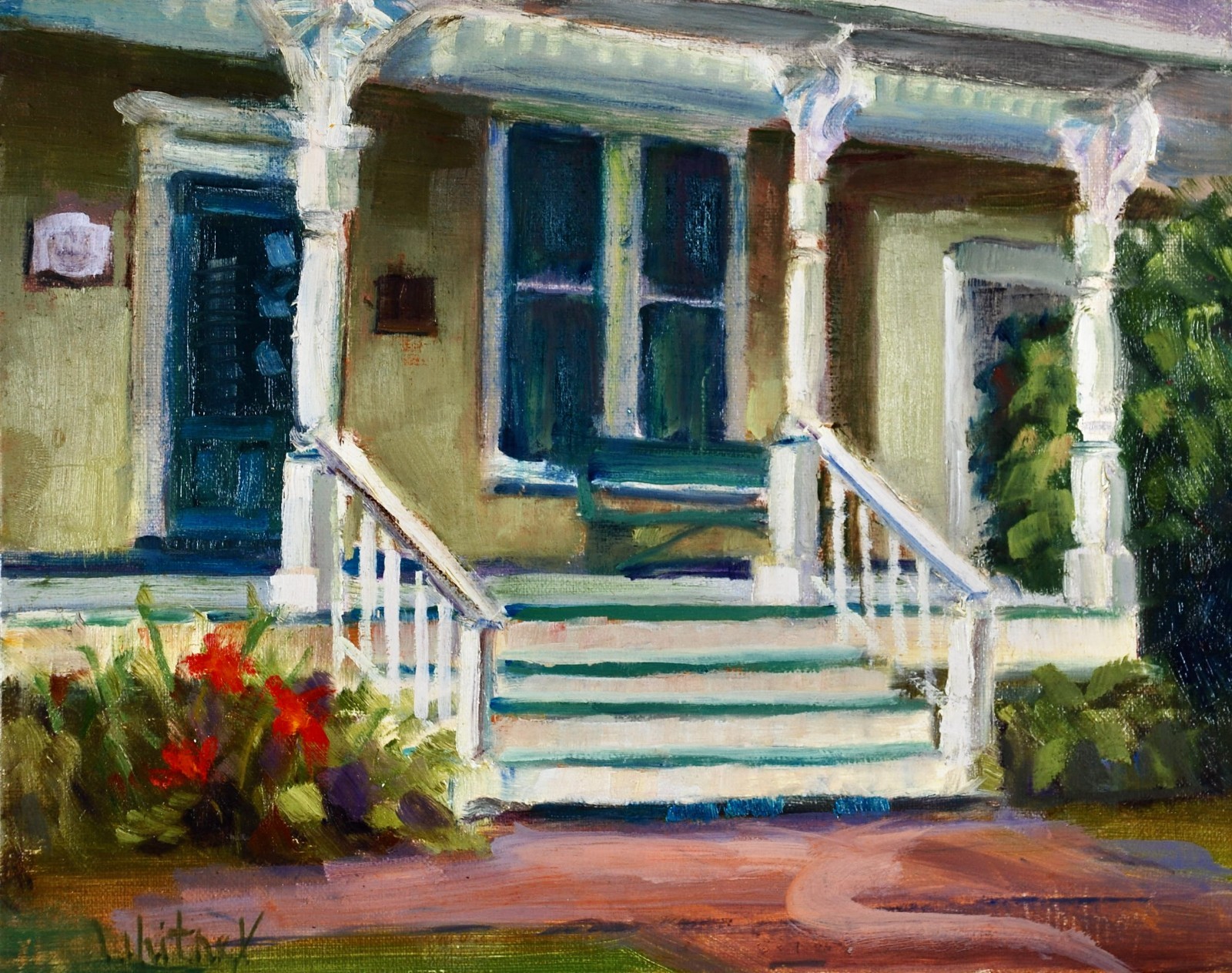 Historic House painting Sunny Day Shady Front Porch Original Oil 8×10 S Whitney