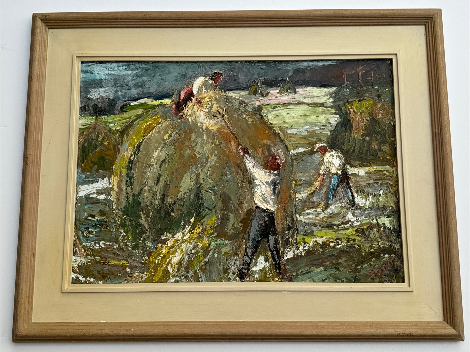 MID CENTURY FARMING PAINTING IMPRESSIONIST LANDSCAPE FARM WORKERS HAY STACKS