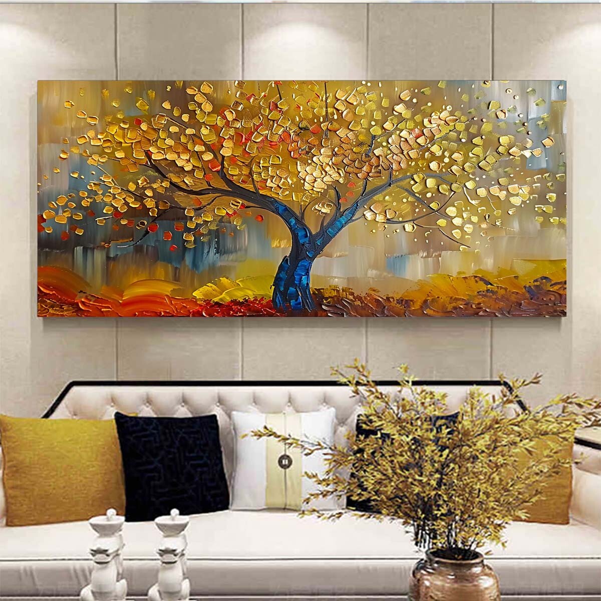Lucky tree Golden original Abstract Handpainted Oil Painting On Canvas Blue red