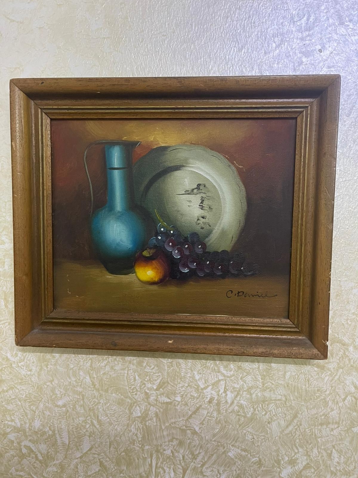 Still Life Oil Painting Fruit Jug Plate Signed C Daniel Vintage Wooden Frame