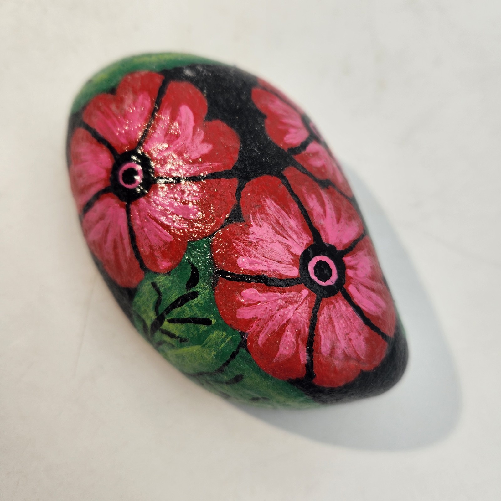 Handpainted River Rock Art Impatiens Flowers 4″ x 2.25″ Natural Unique OOAK