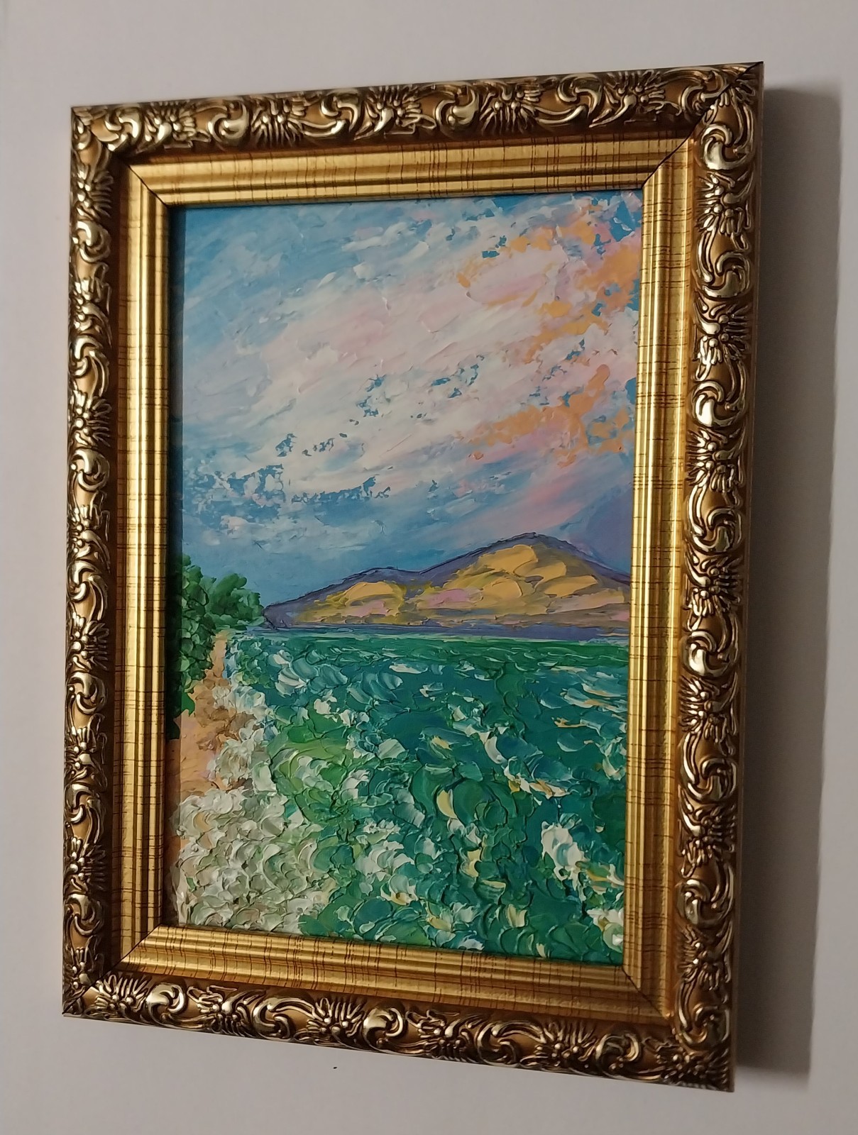 Framed Seascape Green Sea Seacoast Sunset Sky 4×6” Impasto Oil Painting Original