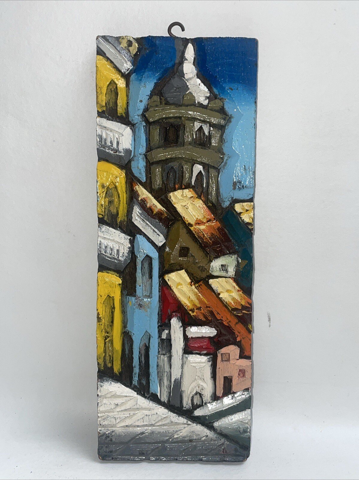 Rustic Painting Representing Houses With Perfect Carving And Polychromy 10×3.75”