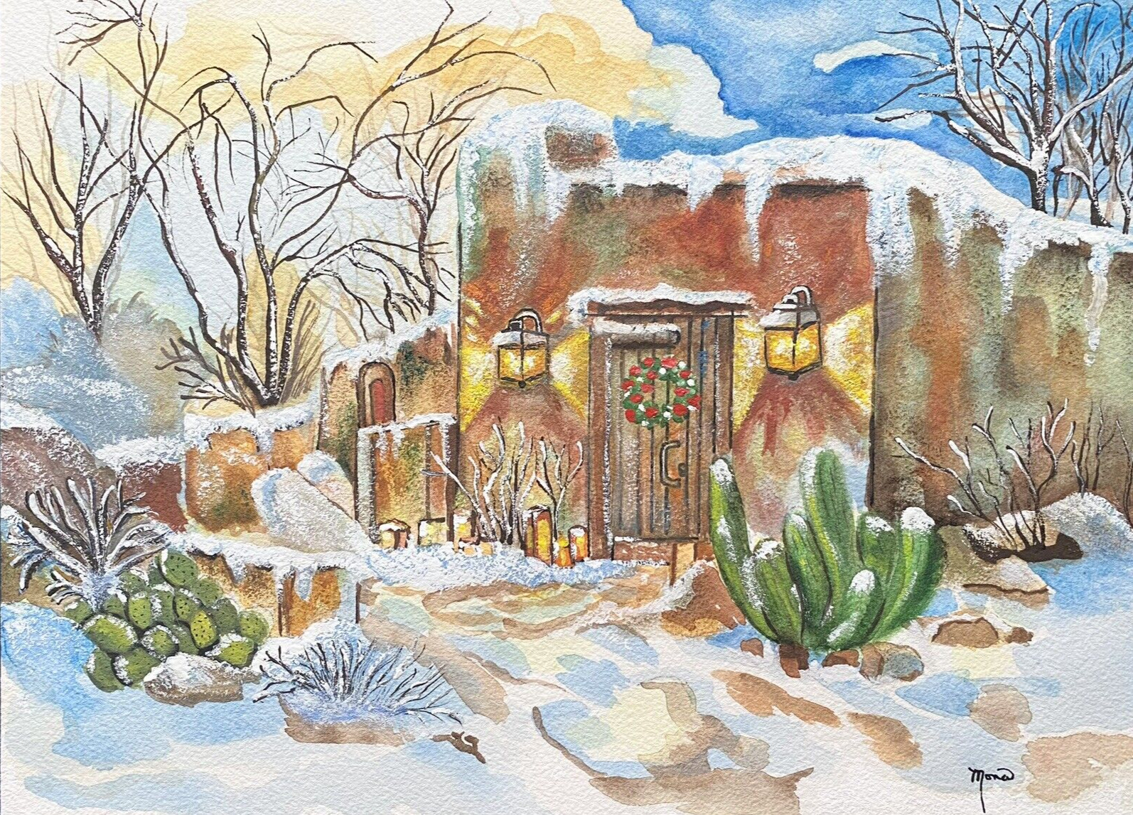 SOUTHWESTERN HACIENDA AT CHRISTMAS! – Watercolor- Hand Painted 9″ x 12″