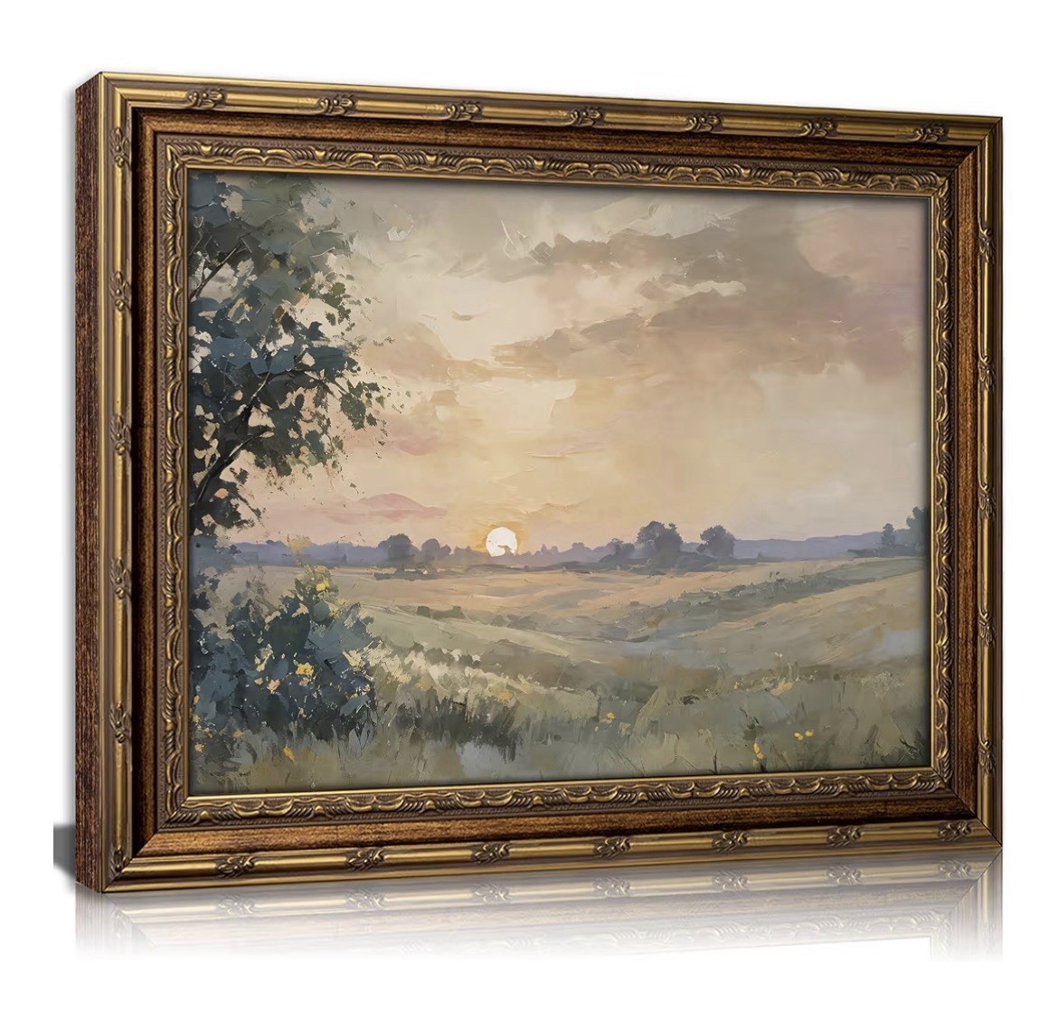 12×16 Vintage Gold Framed Autumn Landscape Wall Art Rustic Fall Sunset Sky
