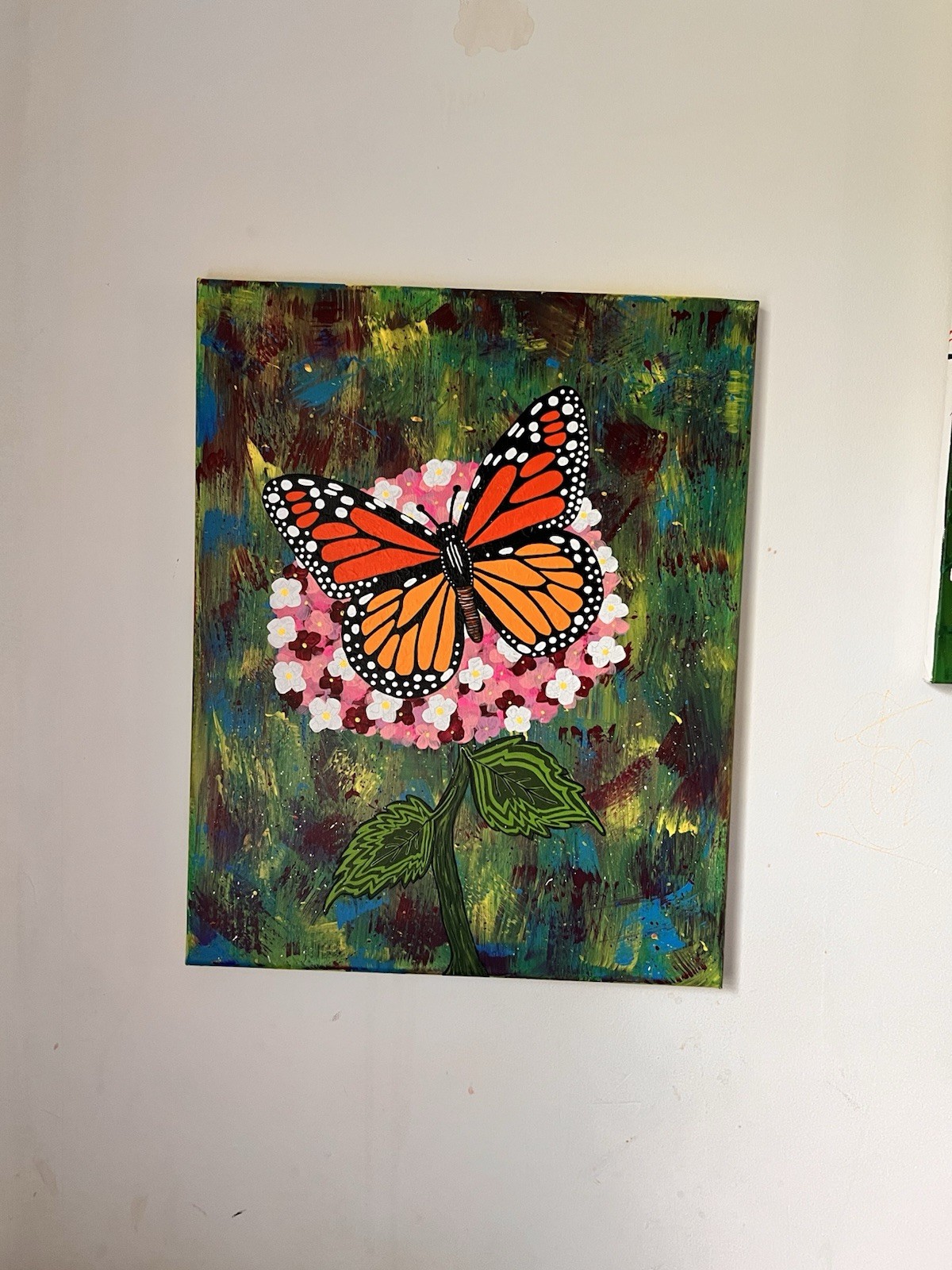 Pit Stop Monarch Butterfly Flower Acrylic Canvas Painting 16×20”