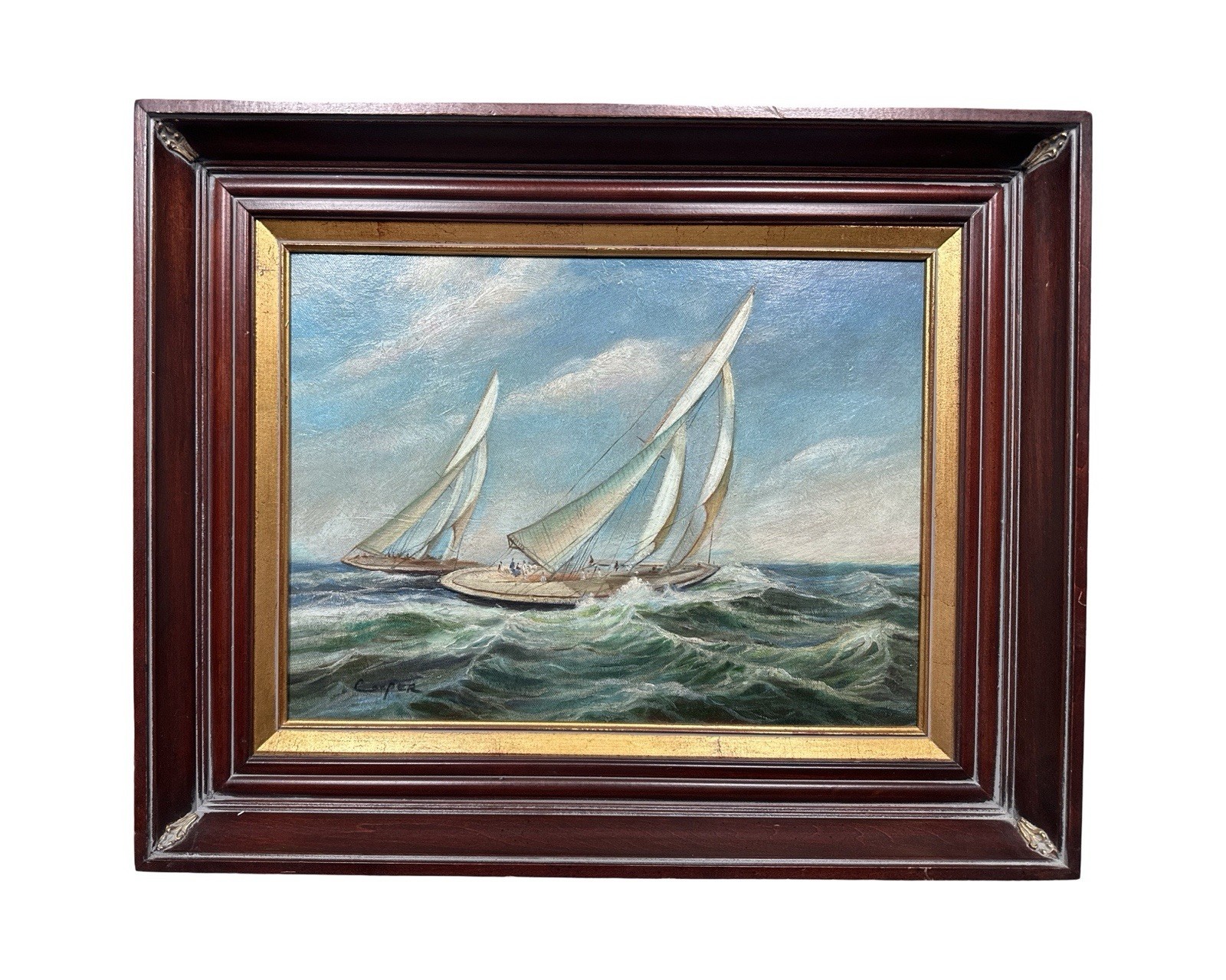 Vintage SEASCAPE Signed SCHOONER Sailboat RACING YACHT Old MARITIME Oil PAINTING