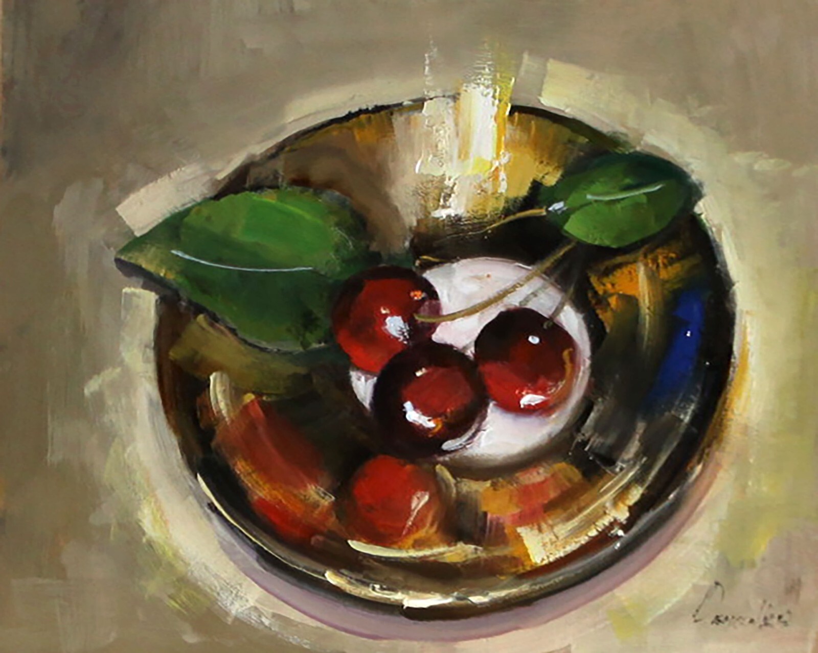 VINTAGE gold PLATE and cherries Oil Painting 8x10in UKRANE