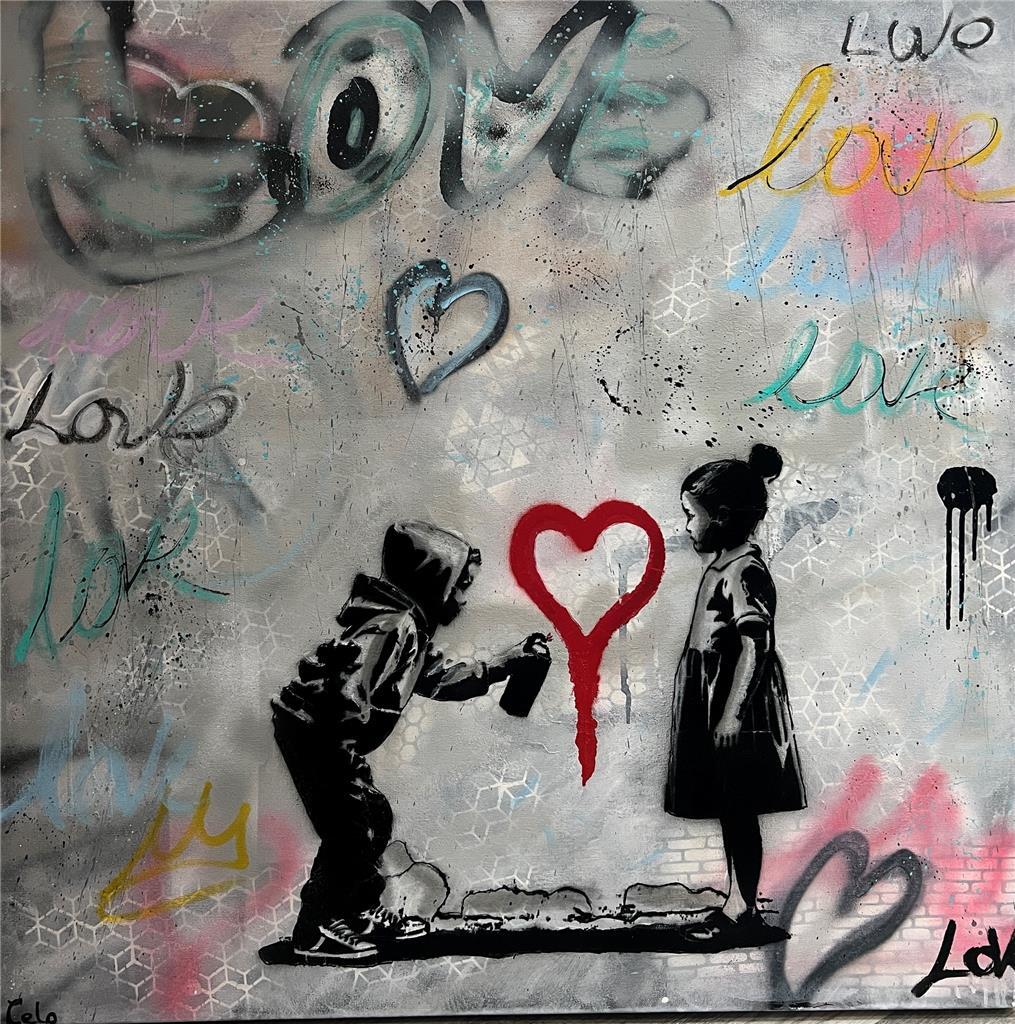 Celo Innocent Love Graffiti Original Acrylic Canvas Banksy style Girl Boy art