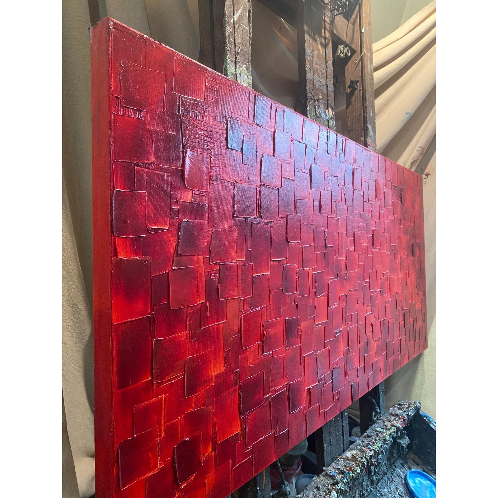 ORIGINAL Large Red Abstract painting, Squares, Geometric Textured Fine Art 48×24