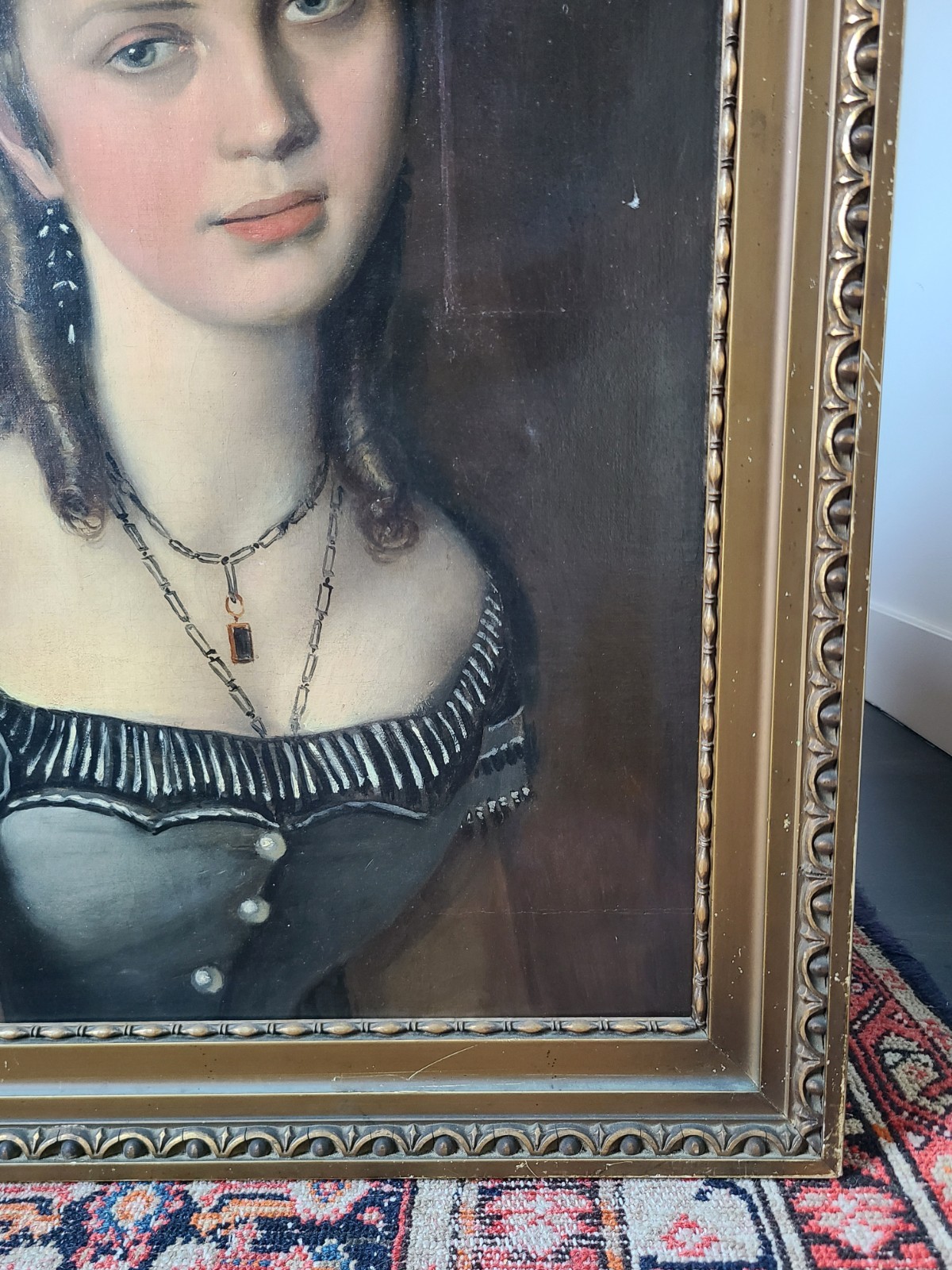 Antique 19th Century Oil Painting Portrait of a Victorian Gothic Young Lady