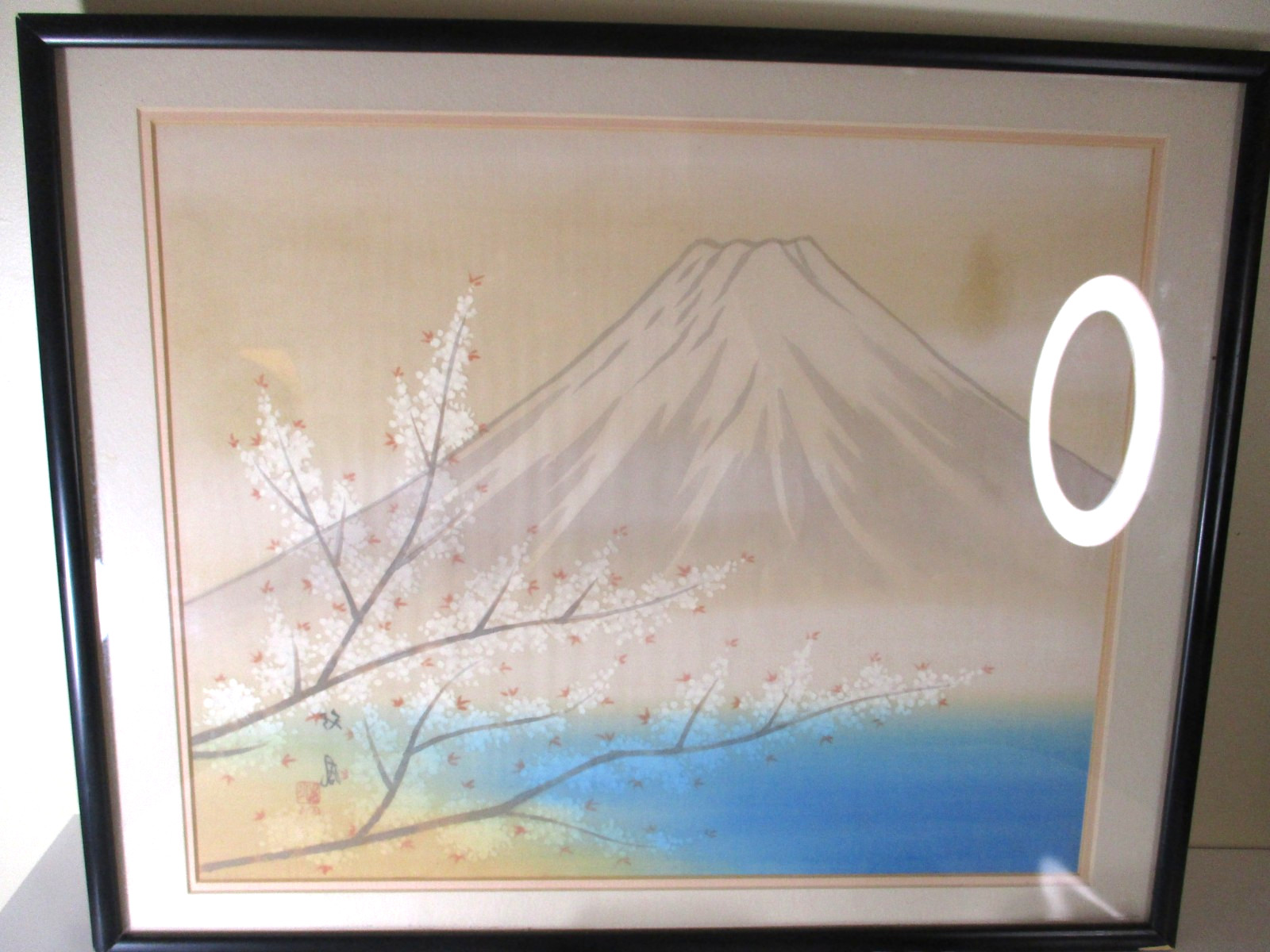 Antique Mt. Fuji Framed Painting on Silk Signed Double Matte Under Glass 20.75″