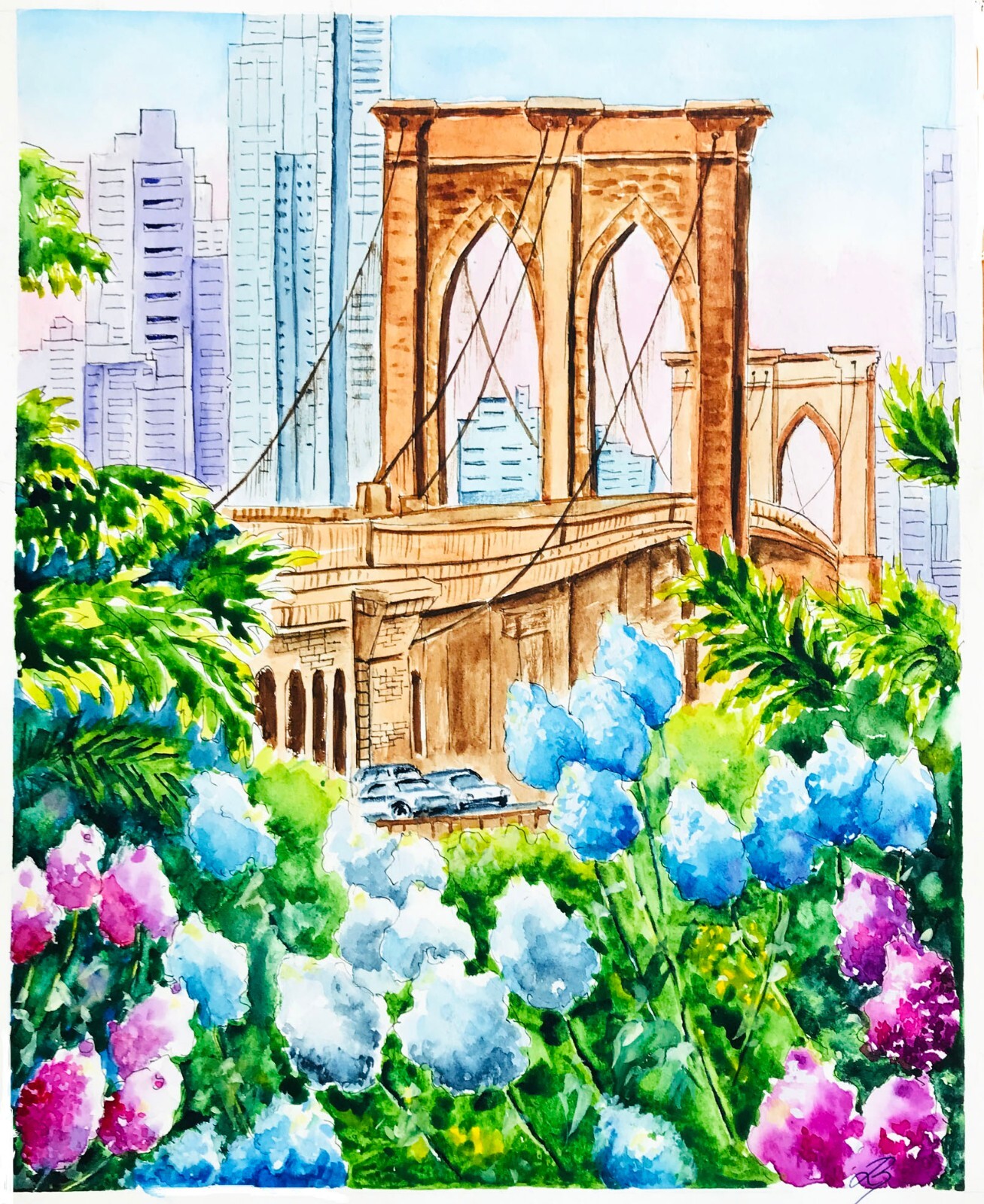 Original Art New York City Watercolor Brooklyn Bridge Painting NYC 12 x 9″