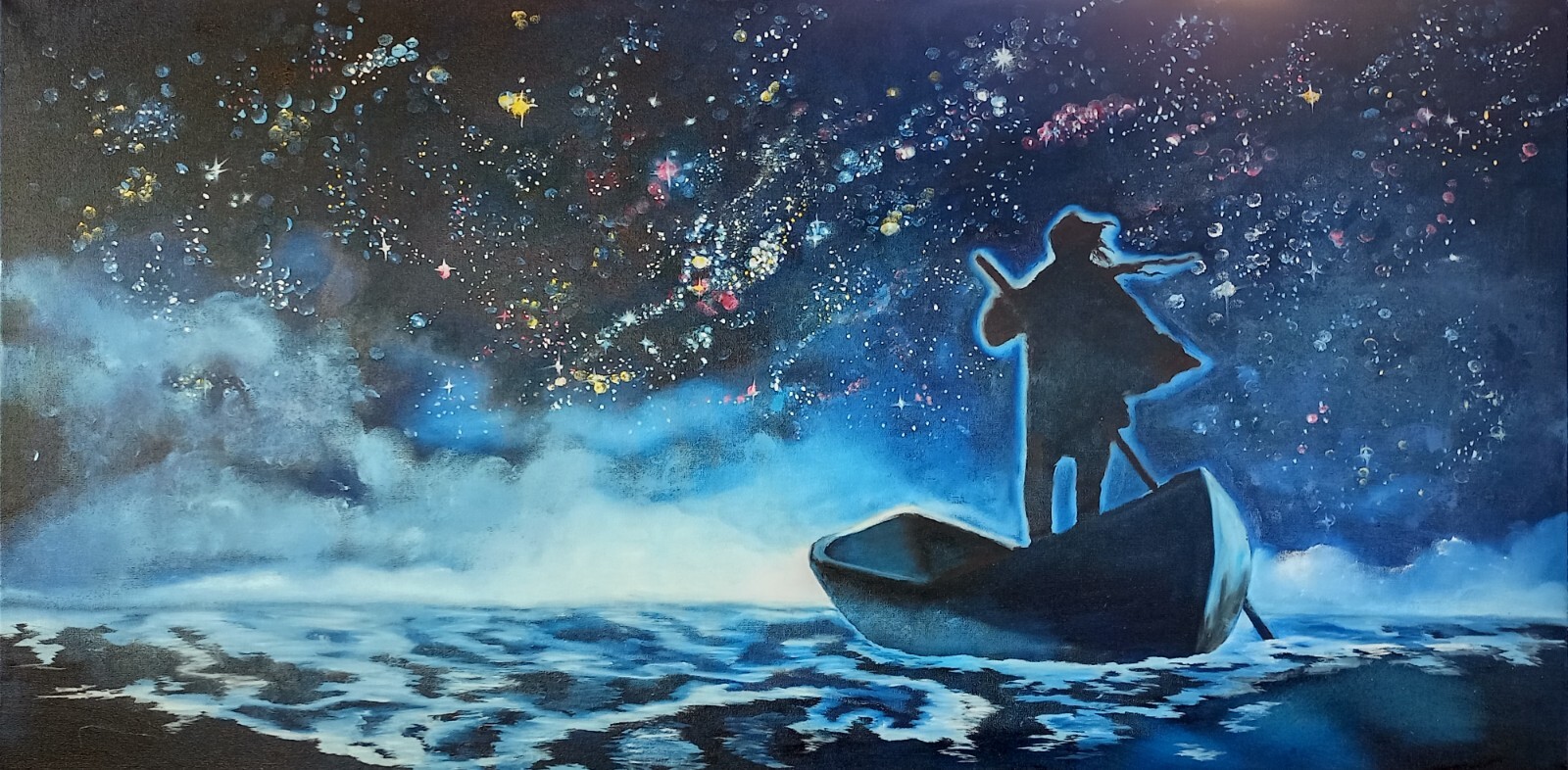 Stars sky oil painting 100×50 cm night man boat universe painting on canvas