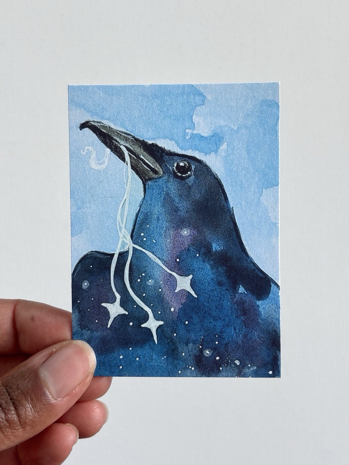 ACEO PRINT, Celestial Raven With Stars, Mini Art Painting, Abstract Bird