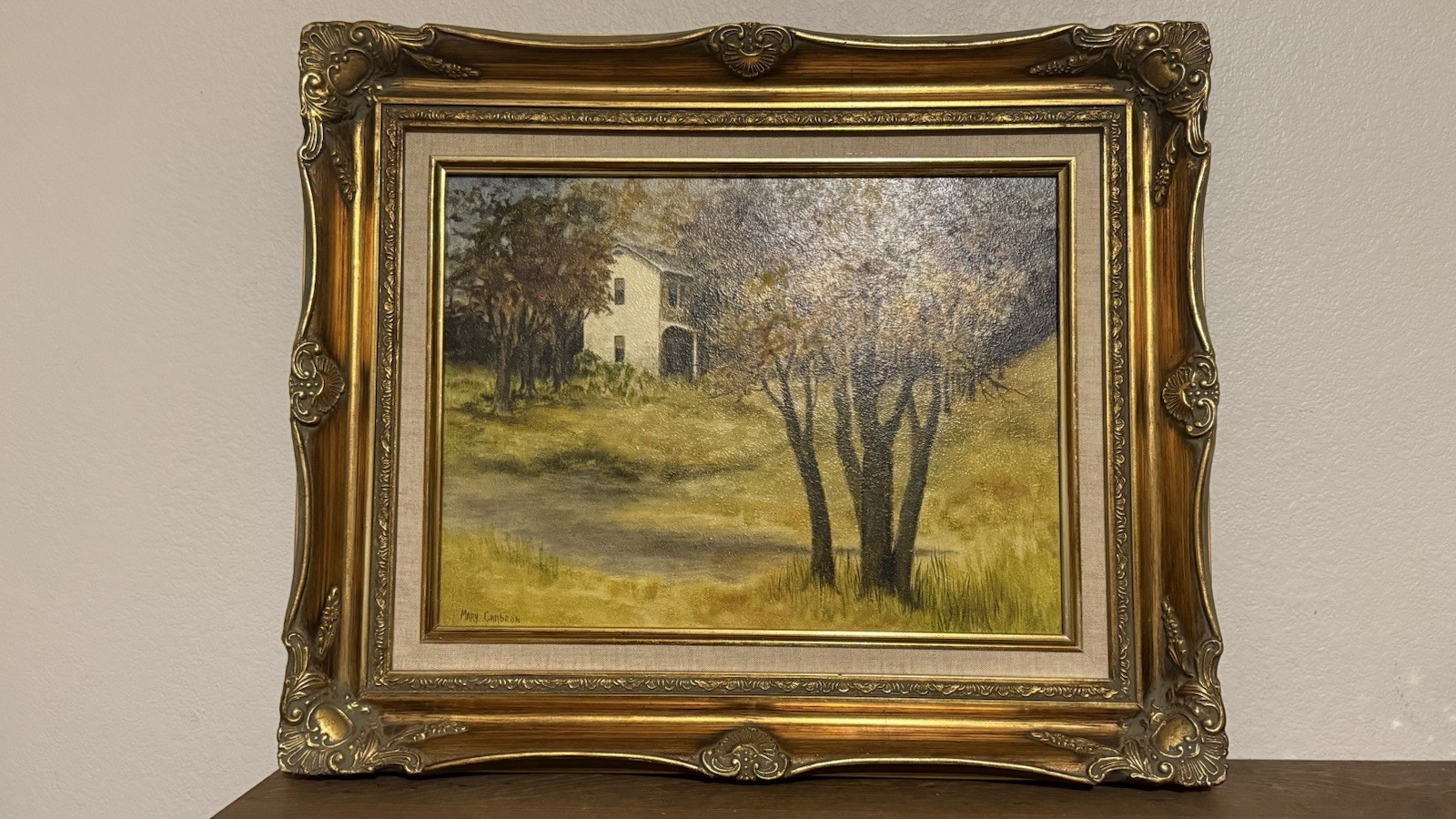 Vintage Landscape Oil Painting On Wood House Trees Gold Ornate Frame Signed