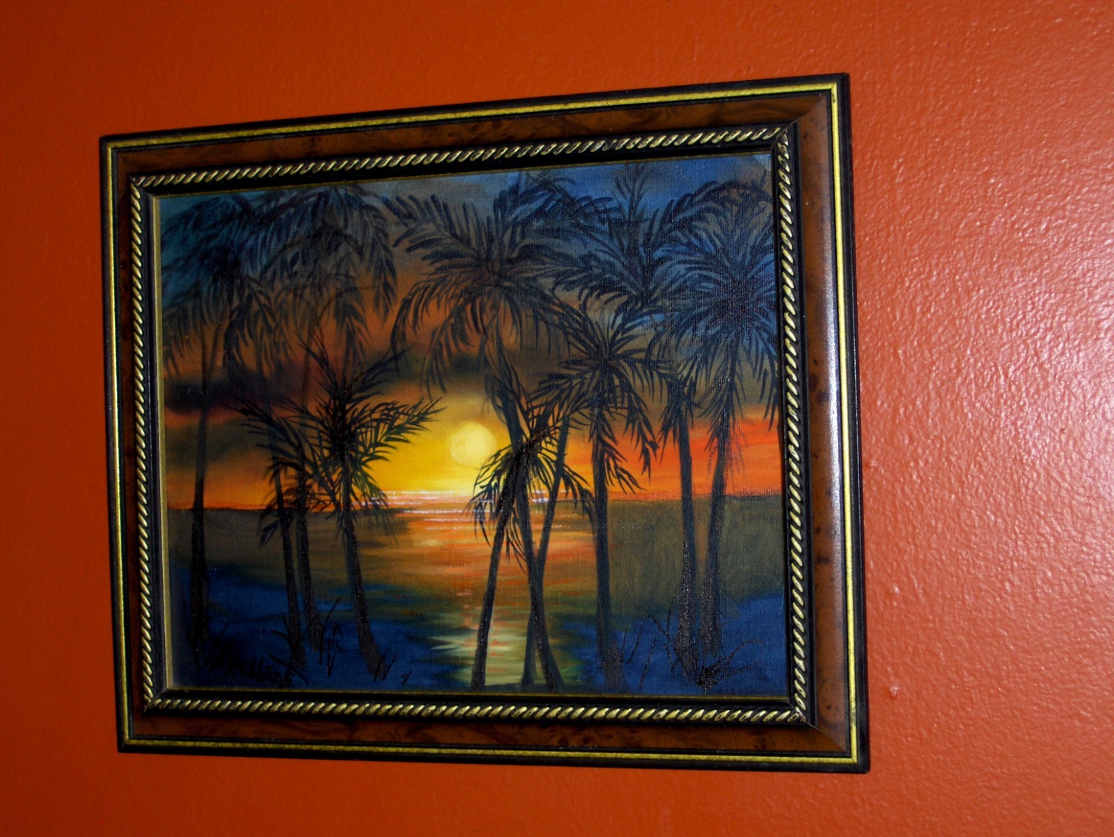 Lake Landscape Sunset Reflections Sea shore Palm Trees by Water Oil Painting