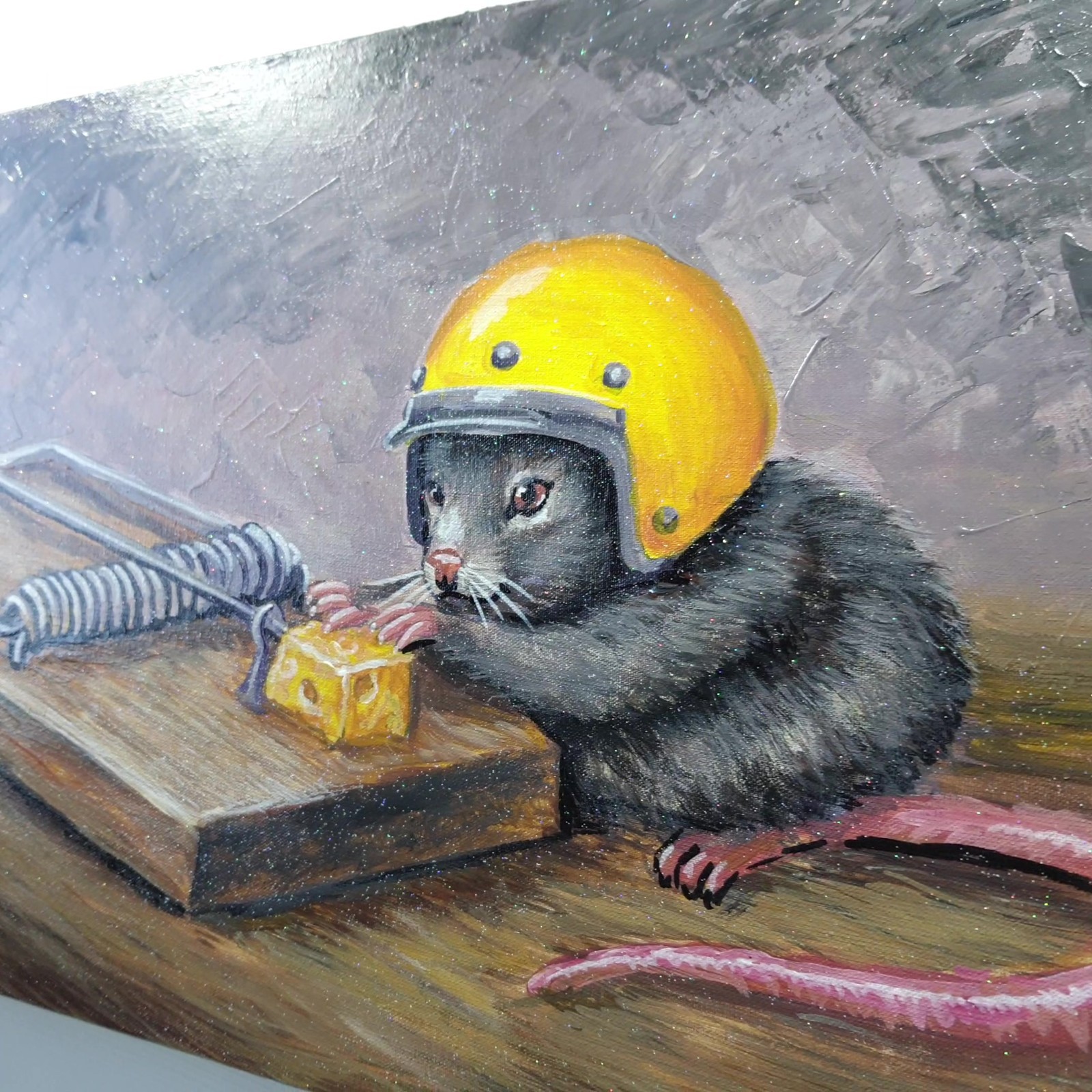 Original Acrylic Painting Mouse Yellow Helmet Cheese Trap Canvas Humor Wall Art