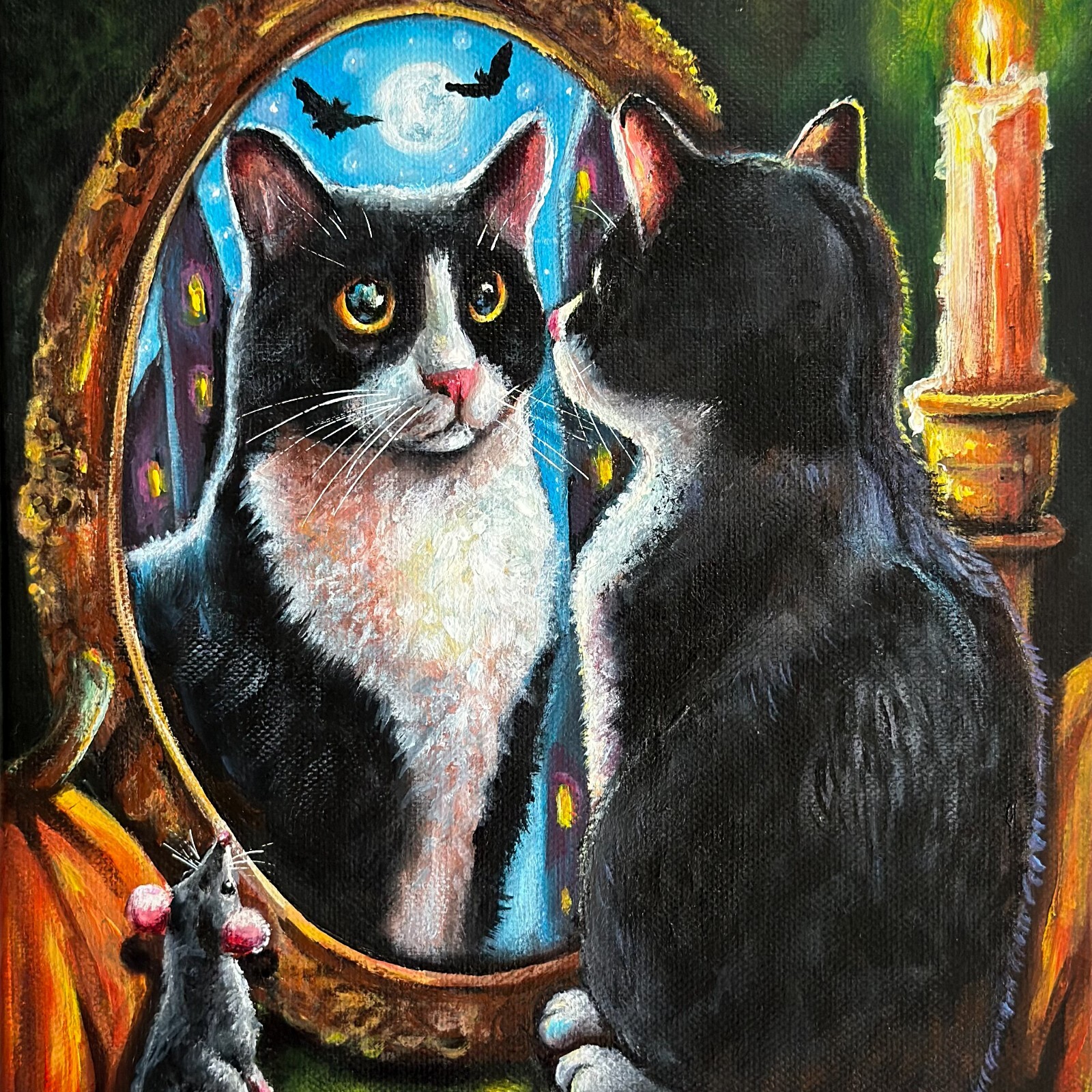 Tuxedo cat original canvas painting, Cat and mouse decor, Mysterious wall art