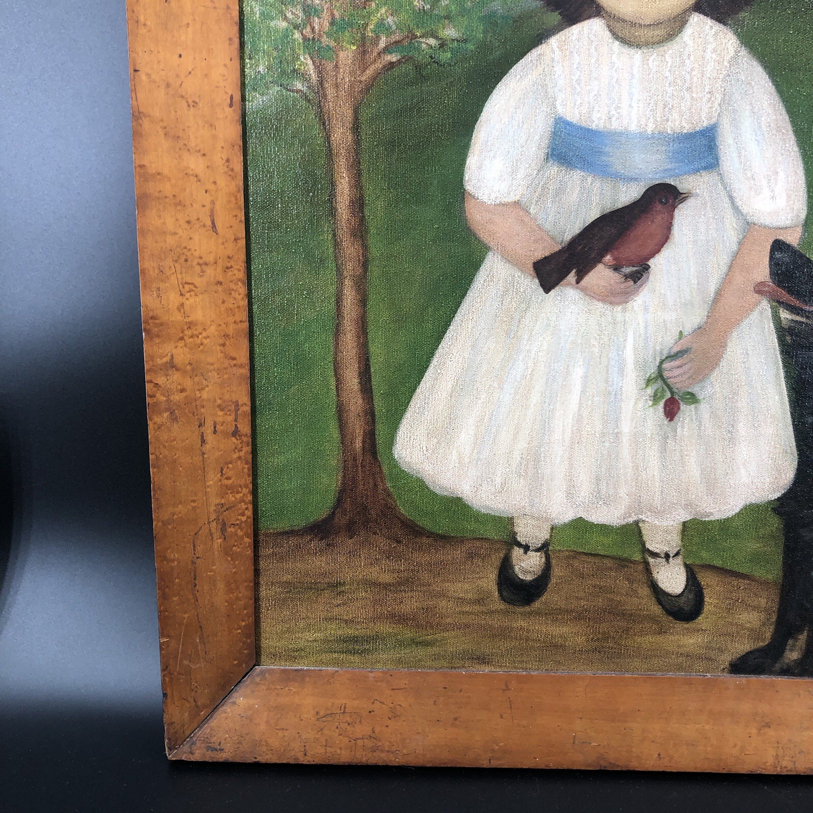 ‘Sarah’ 1980 Original Framed, Signed, Dated Girl /Bird/Dog Folk Art 25 X 20