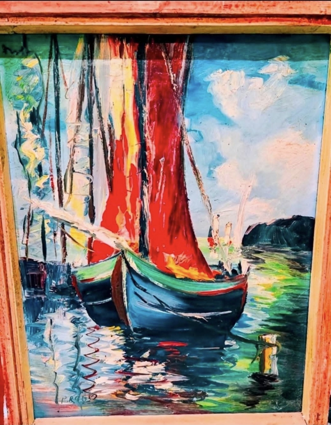 Antique Early 19th Century Oil Based Canvas Signed Boats On Water Art Painting