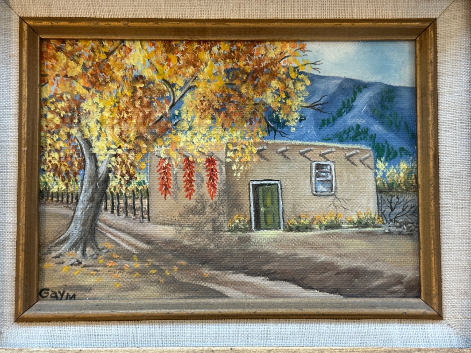 GAY M NEW MEXICO ARTIST LANDSCAPE PAINTING ON CANVAS PANEL FRAMED 9″ X 11.25″