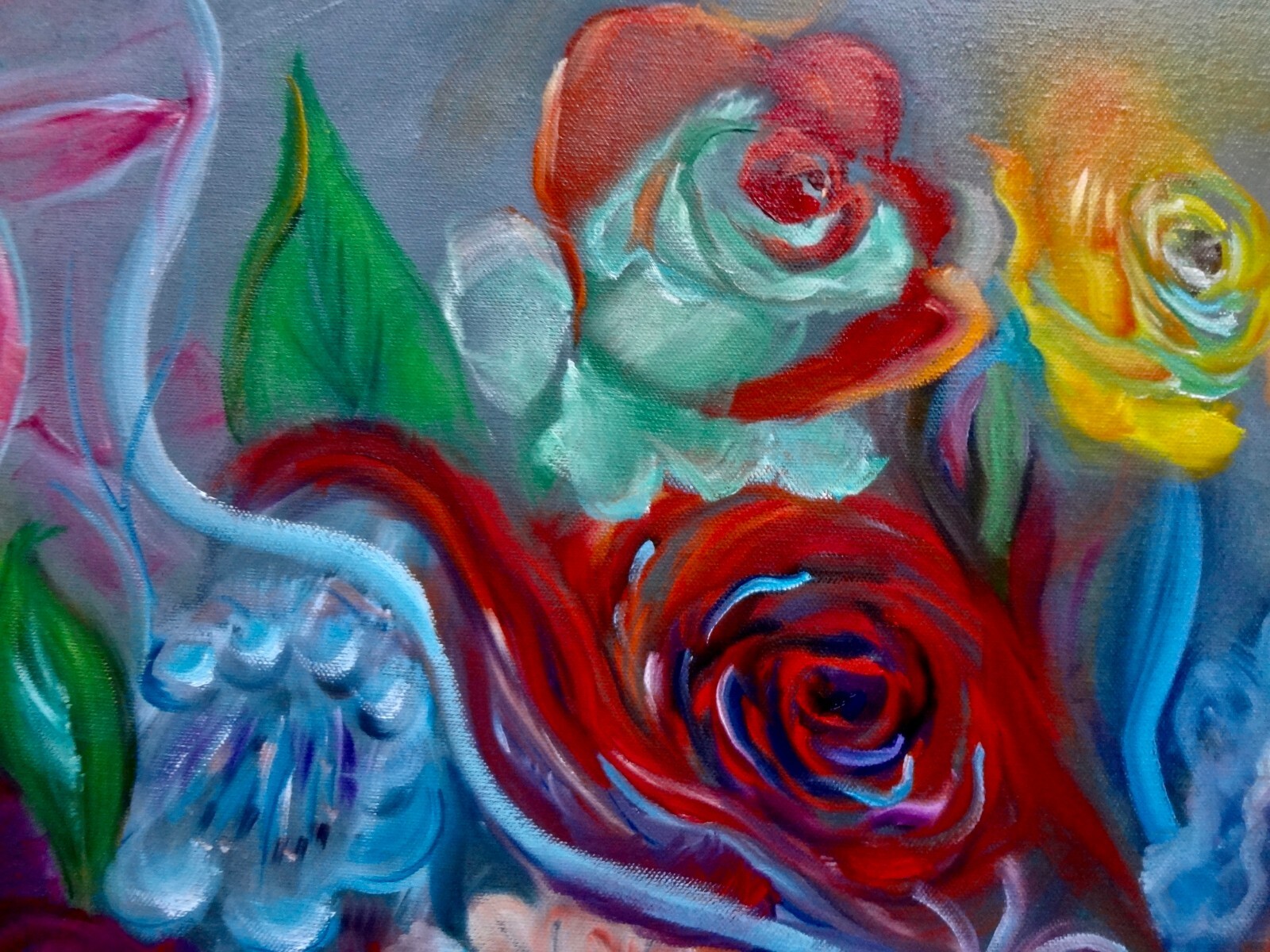 HAWAII ARTIST 24″x36″ «COLORFUL FLORAL COLLAGE» Original Oil One of a Kind