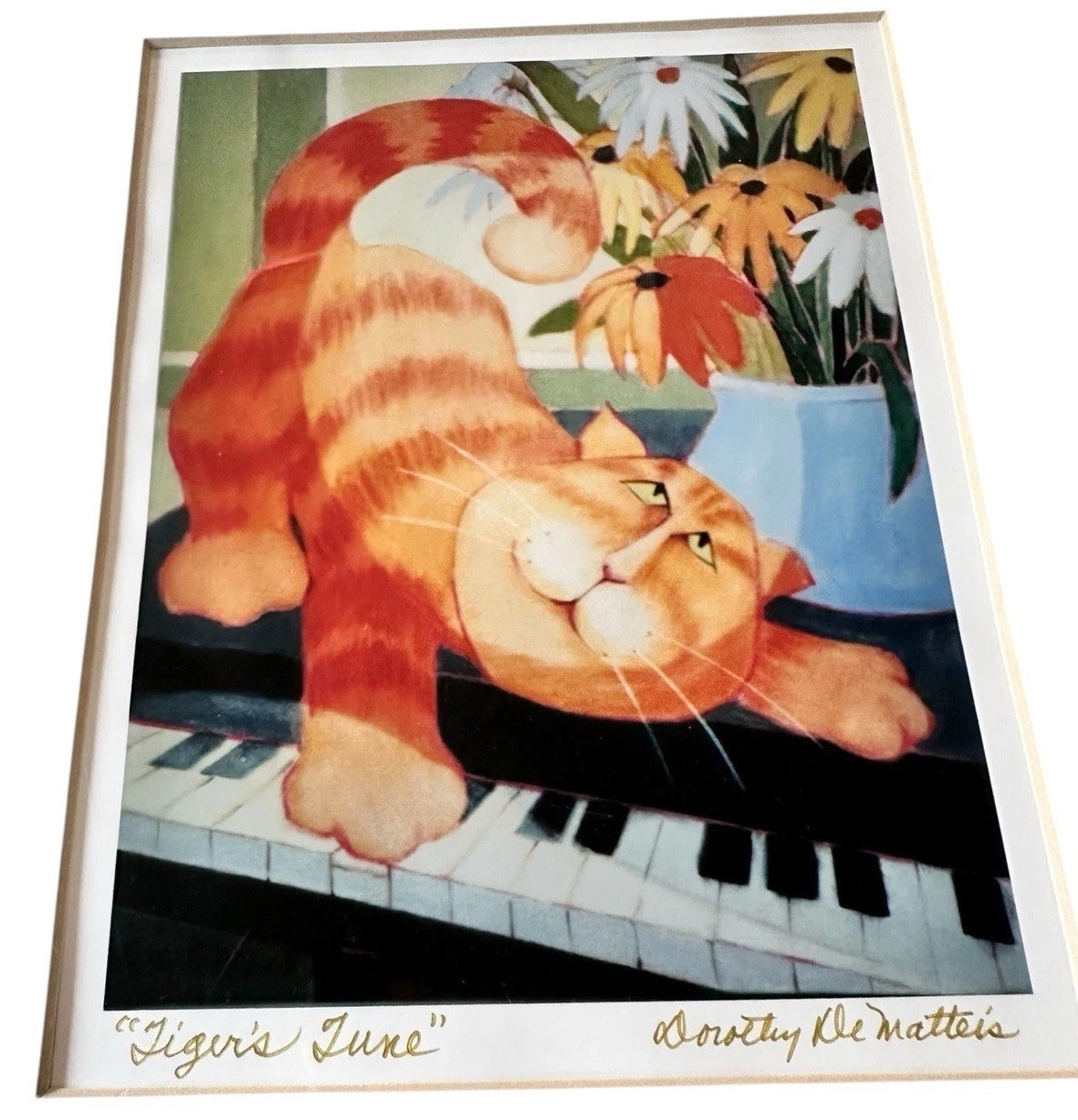 DOROTHY de MATTEIS Tigers June Signed Art Print Cat On Piano 5”x6” Framed 12×11”