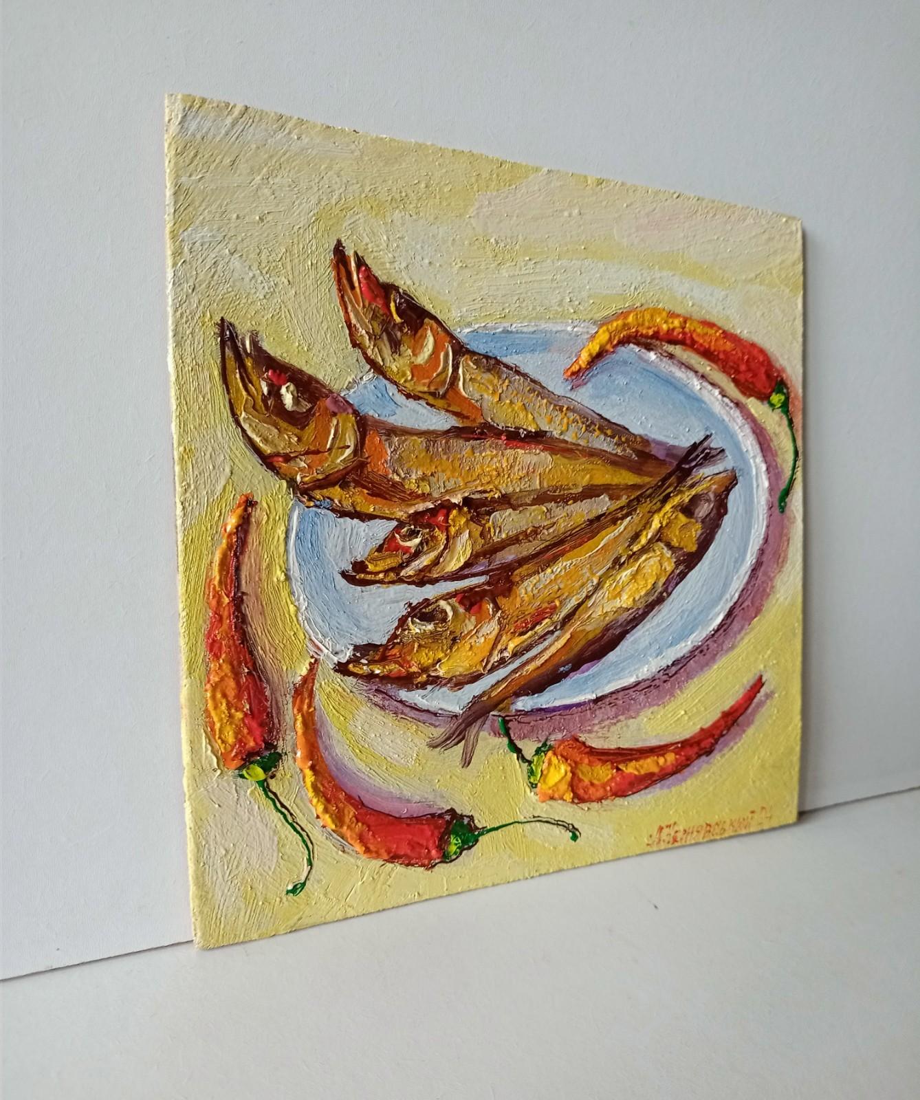 Fish Impasto Painting Original Art Impression Oil Painting 7.8 x 7.8 in