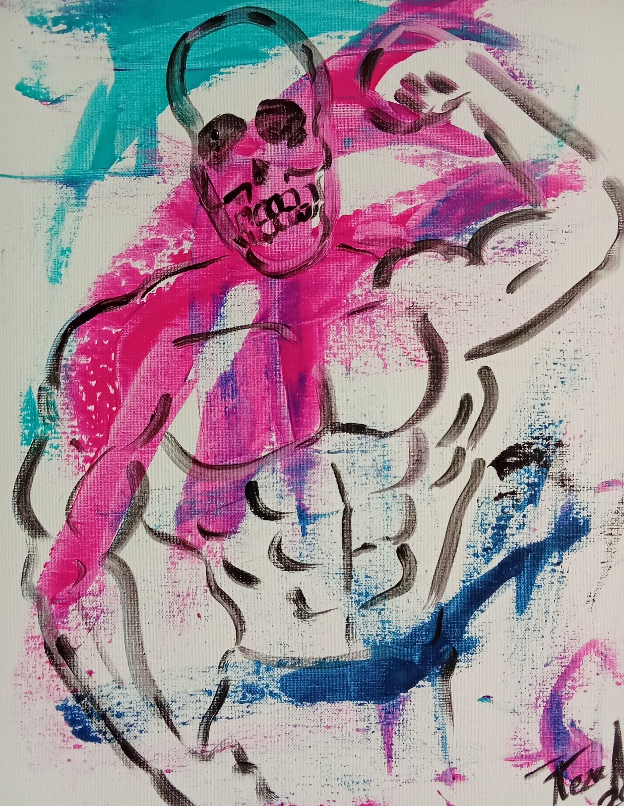 Skull, Painted Male Torso, Bodybuilding on Canvas,. Body, Exclusive Art Painting