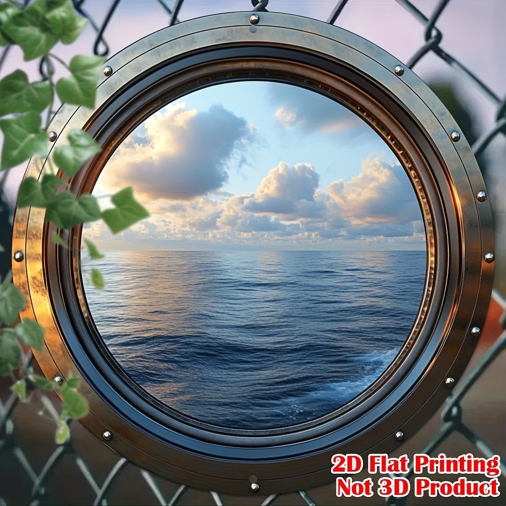 2D Flat Print 1x Vintage Seascape Window Theme Round Aluminum Wall Decor Plaque↗