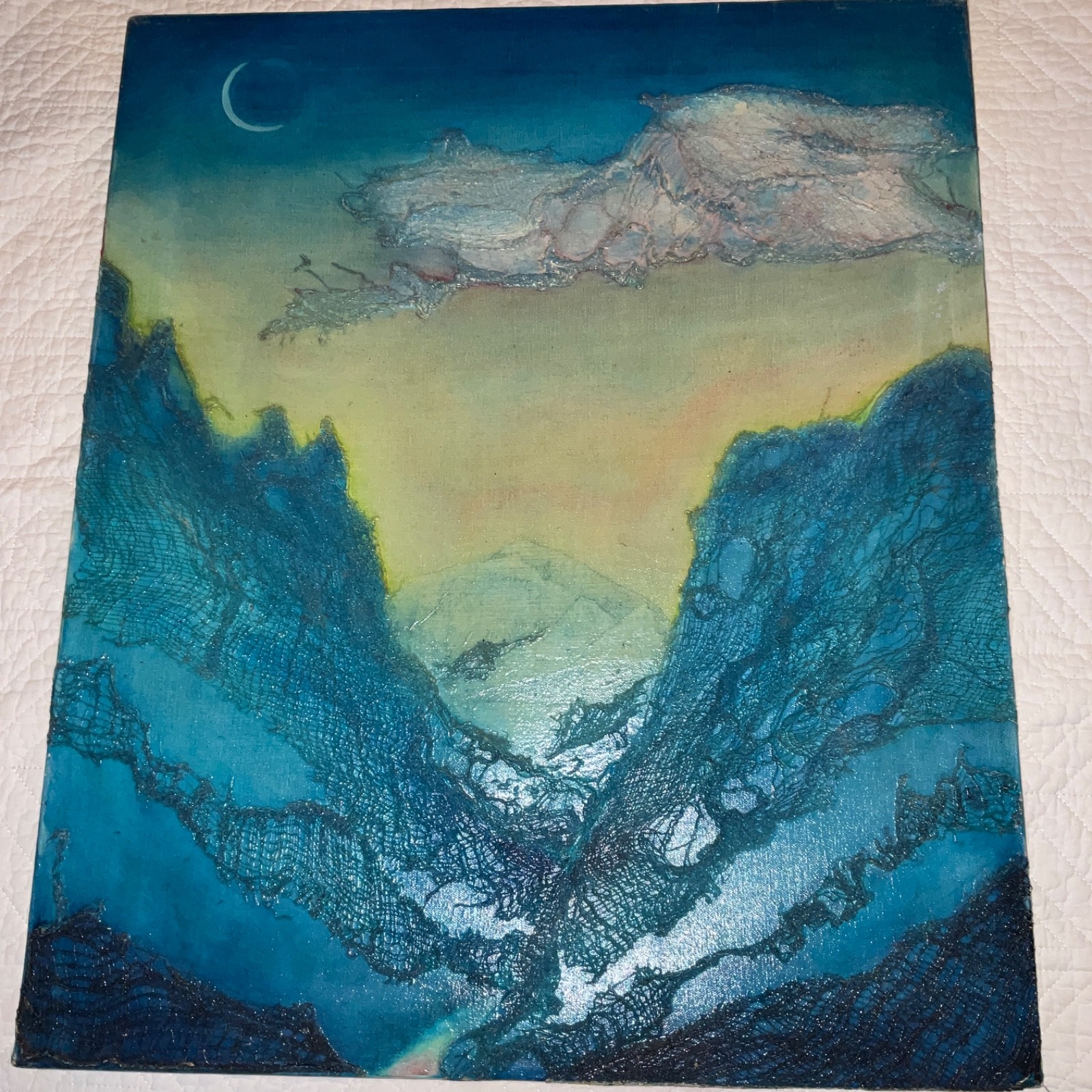 VINTAGE original hand painted oil Painting collage fantasy mystical mountains
