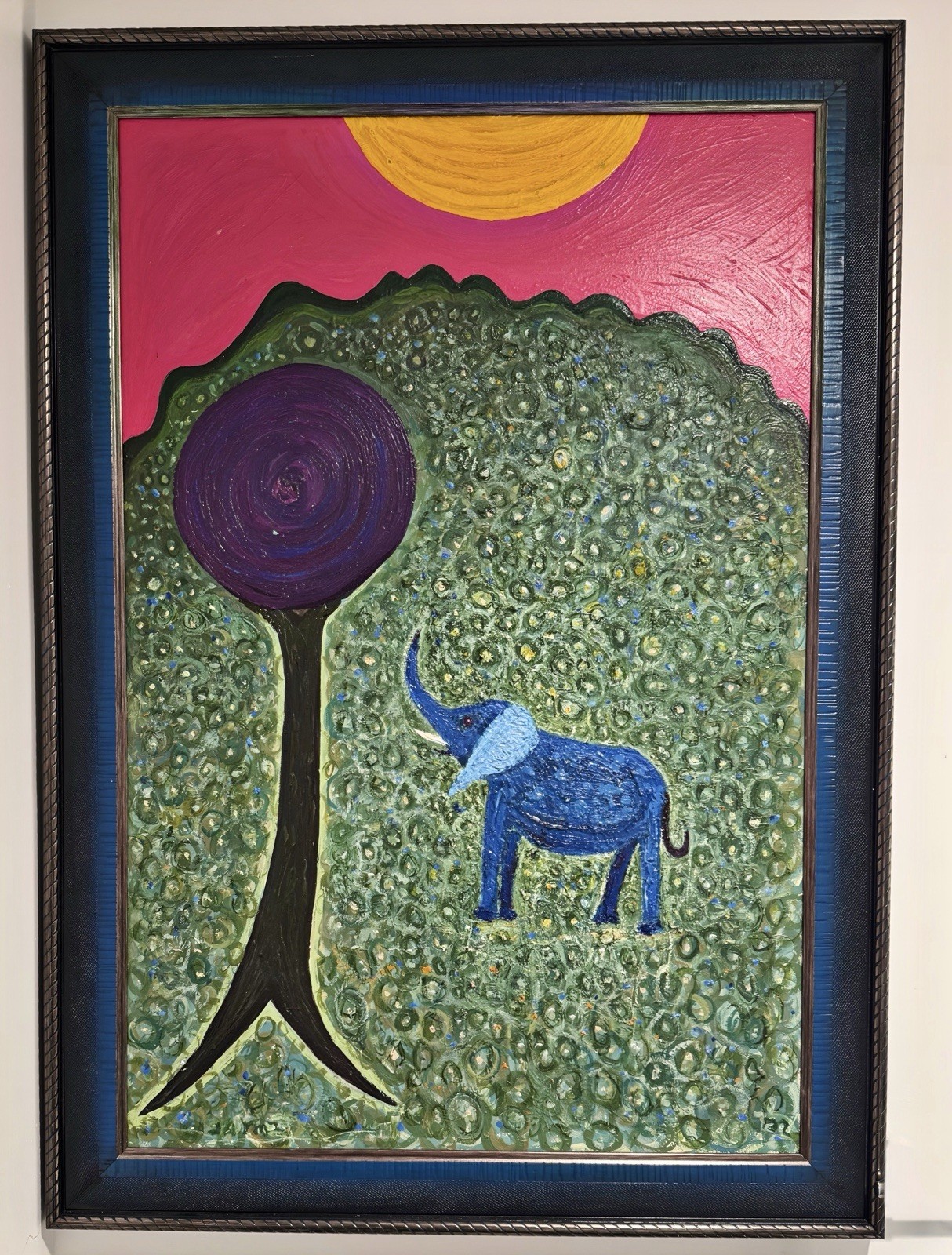 Whimsical Elephant Oil Painting Signed & Framed 29X41” with authenticity label