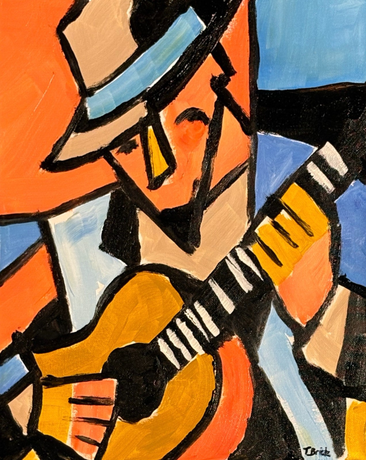 Cubist Guitar Player Painting Modern Music Art Geometric Musician Original 11×14