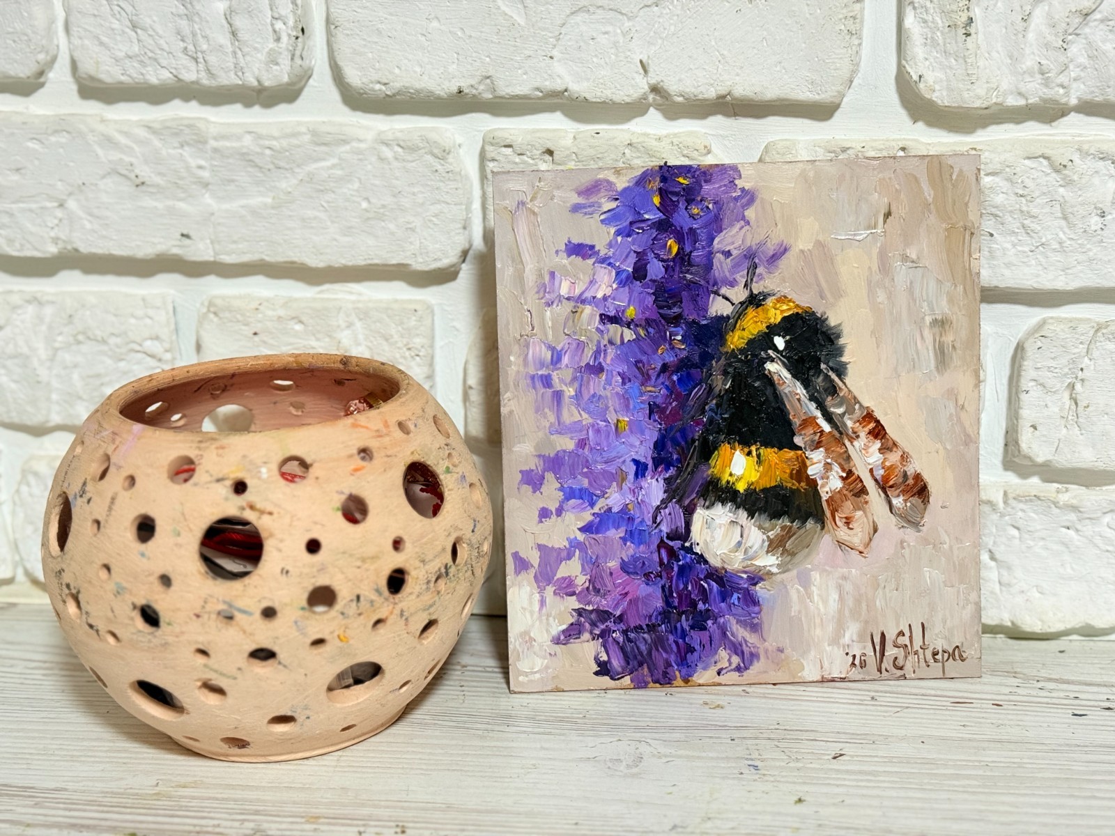 Original Painting Bumblebee Honey Bee Impasto Flower Oil Painting Signed Art
