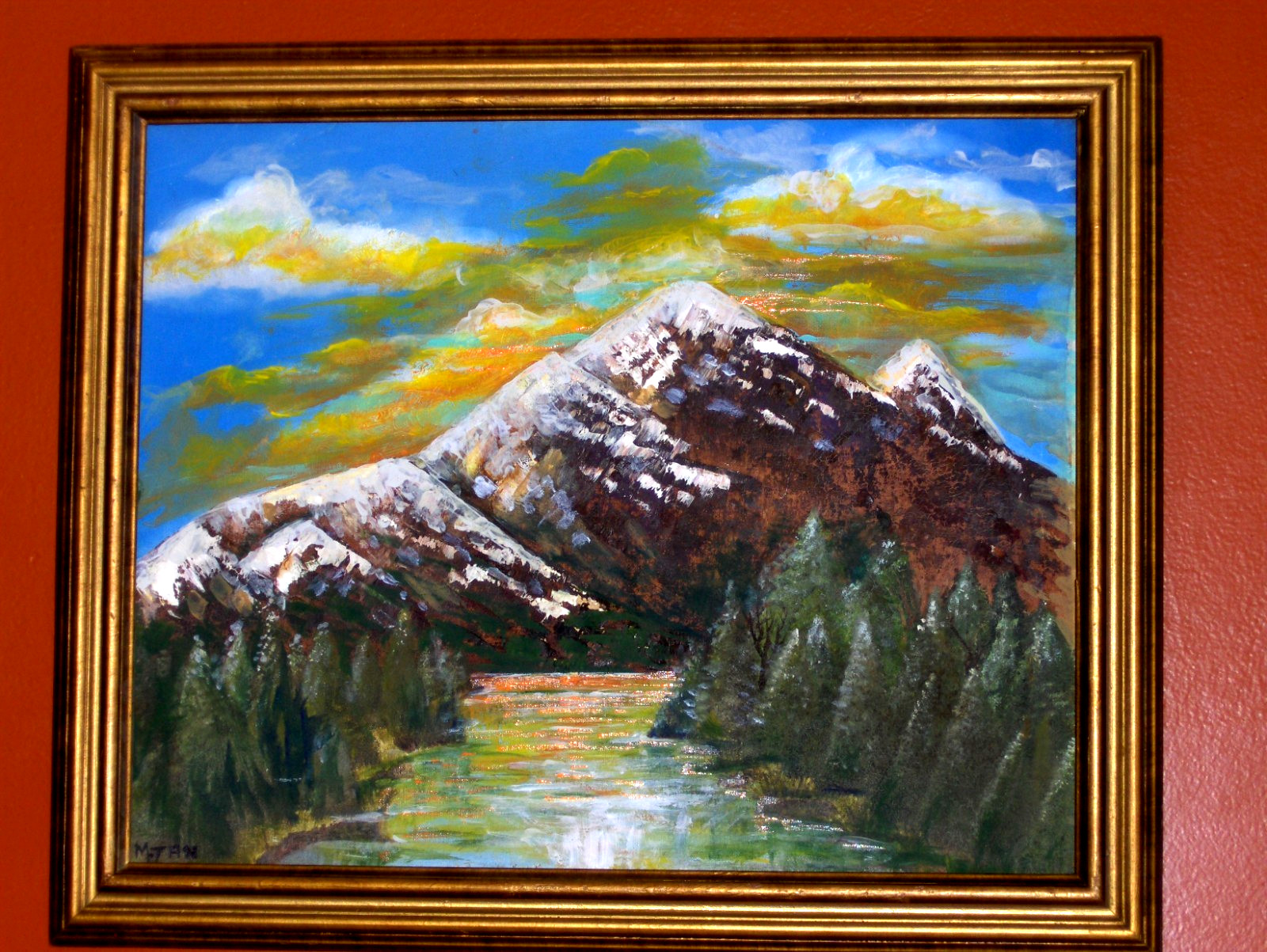 GORGEOUS ORIGINAL Mountain Snow Ice Landscape Green Tree Vintage Canvas Painting