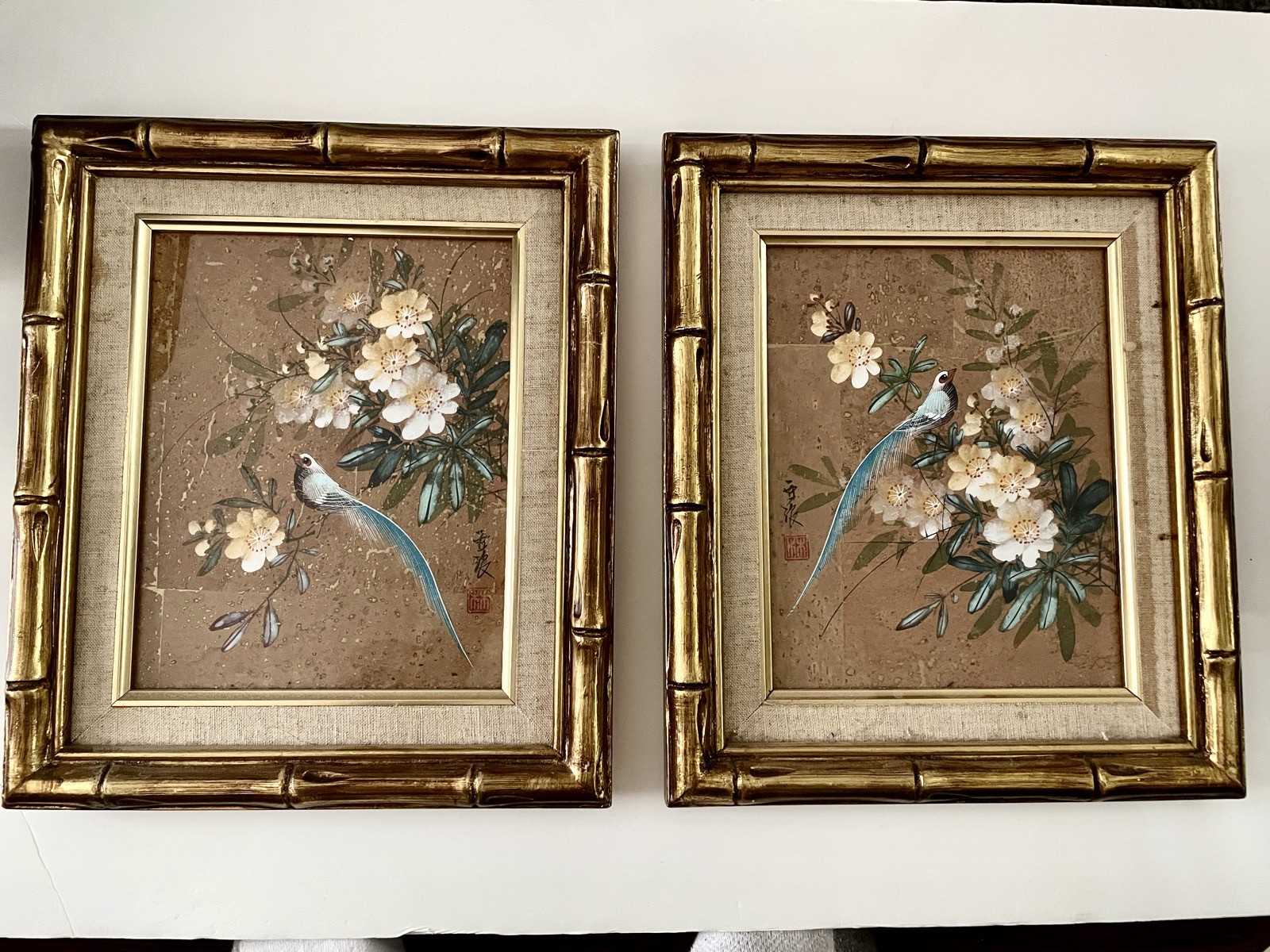 Vintage Set Of 2 Watercolor Painting Cork Paper Flowers & Bird Gold Bamboo Frame