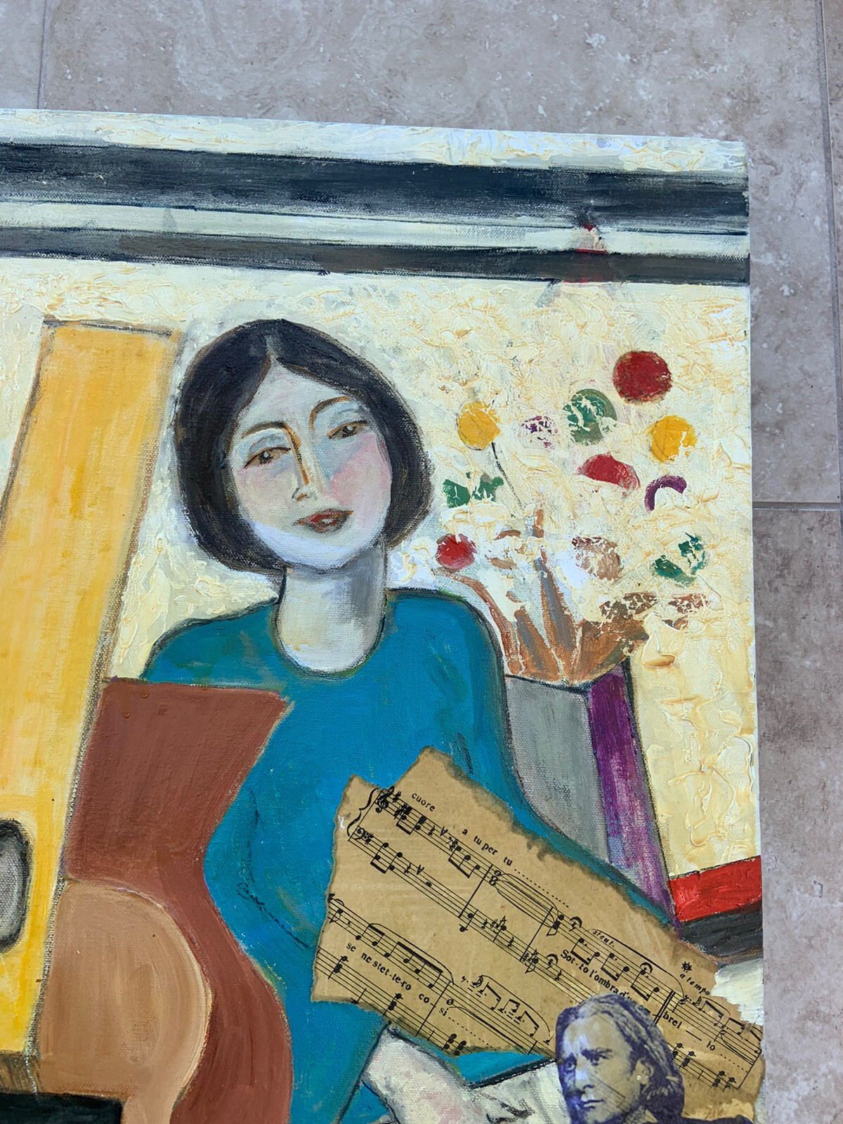 Oil Painting Music Guitar Collage Signed 2013 Symbolism