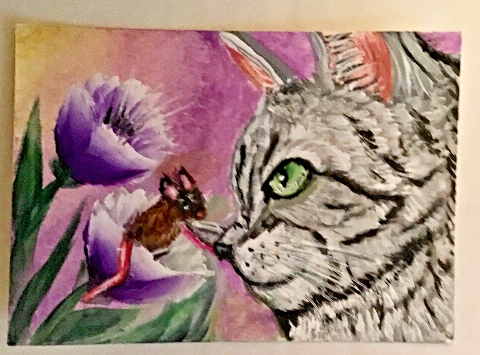 Aceo original painting cat mouse 2000-now signed